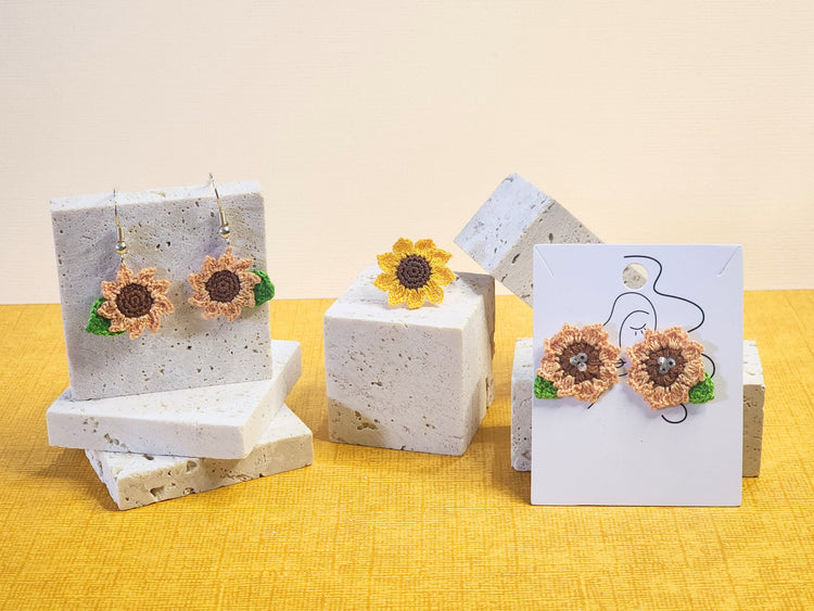 A collection of bright sunny sunflower micro-crochet earrings & ring