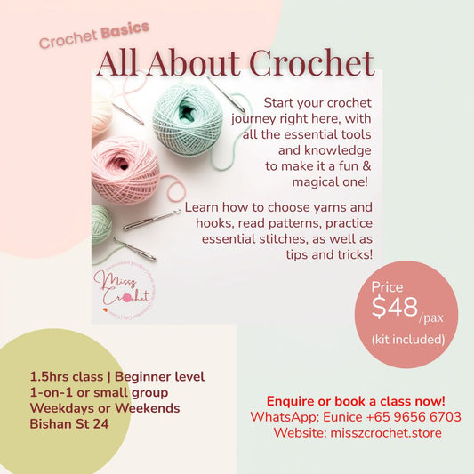 Class info on All About Crochet Basics. Start your crochet journey right here.