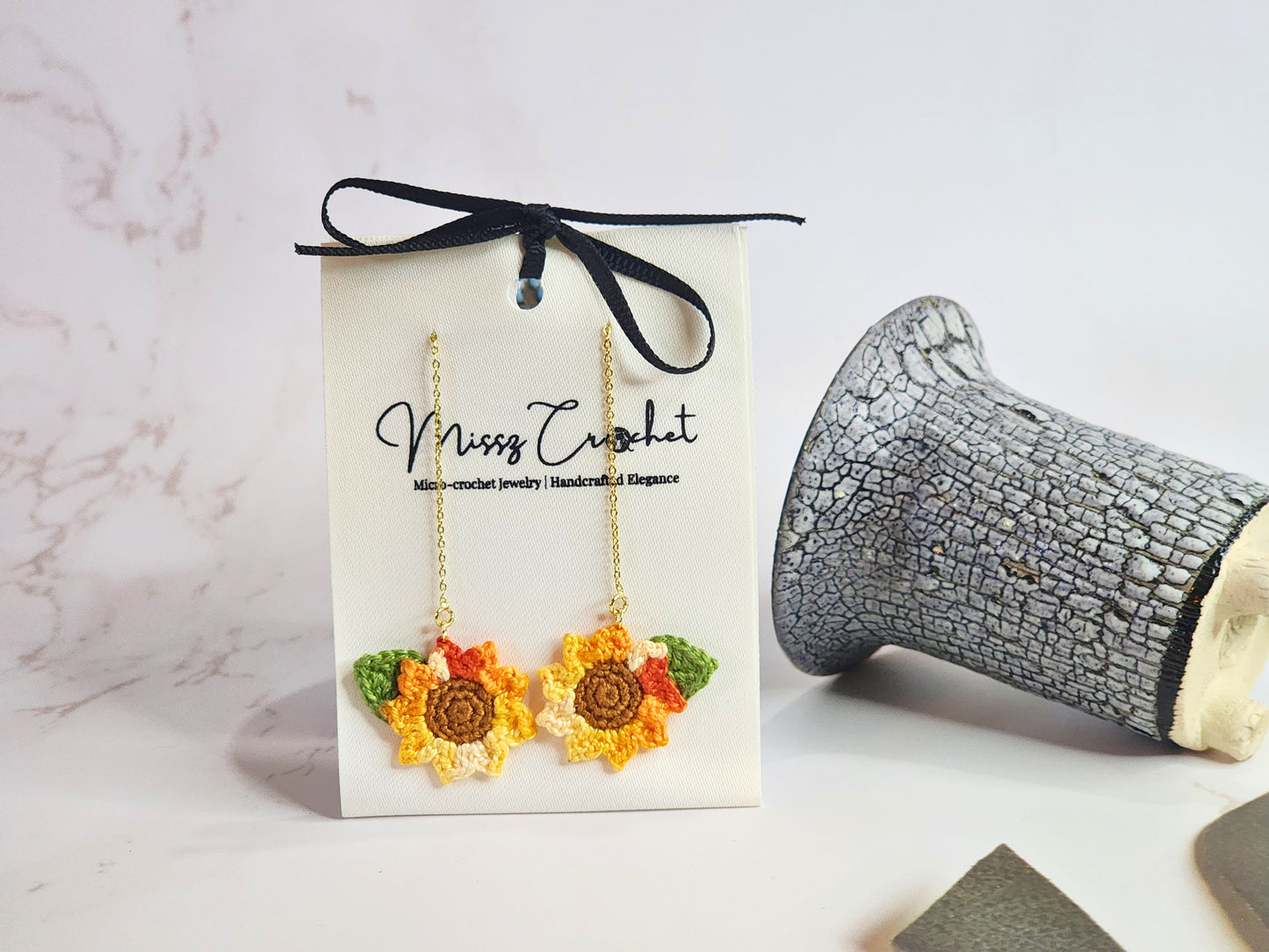 Handcrafted orange ombre sunflowers dangling earrings. 18K gold-plated chain