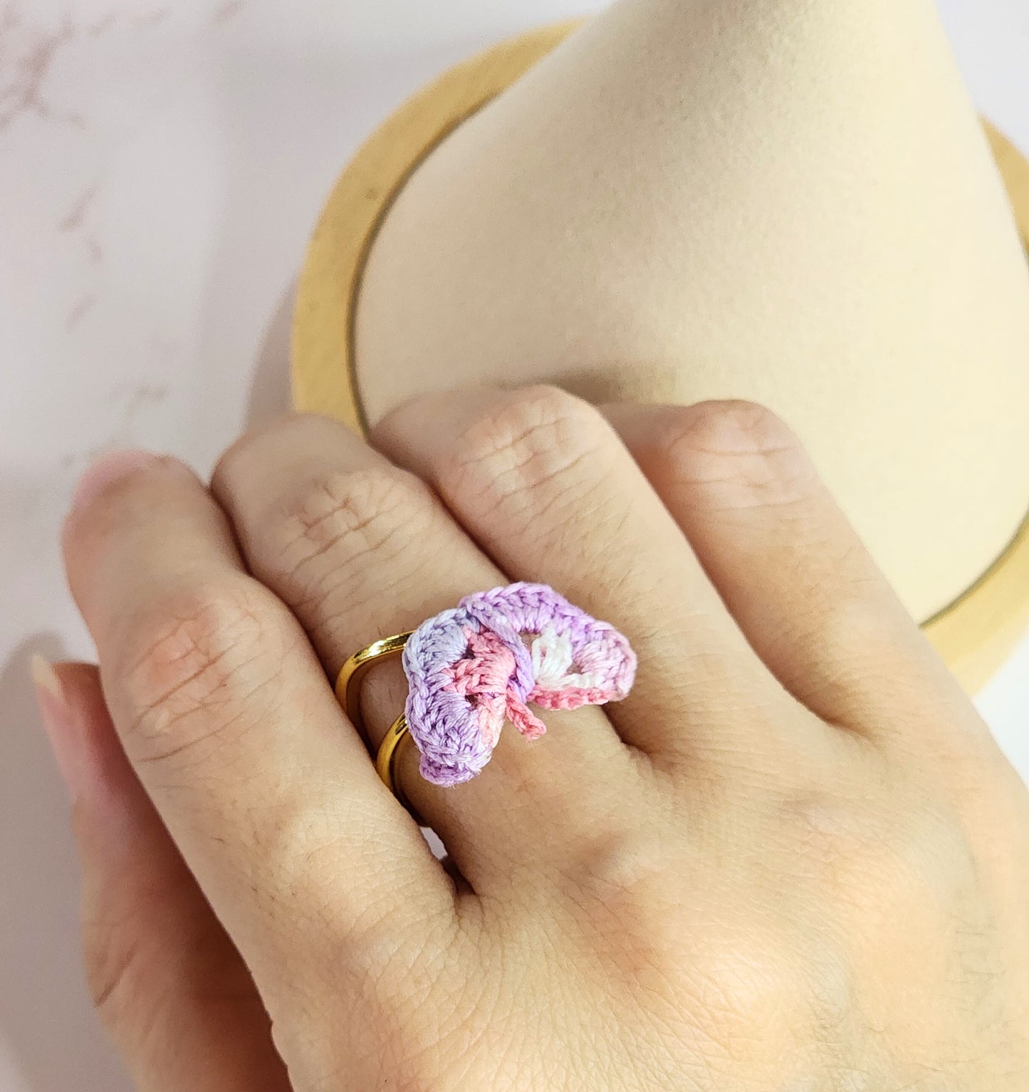 Handcrafted micro-crochet pink-purple butterfly ring. 18K gold-plated stainless steel adjustable ring.