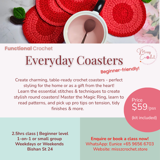 Get hooked with our Coaster crochet class! Beginner-friendly, one-on-one/small group, fully guided. Materials included. Home studio Bishan. Enquire or book now!