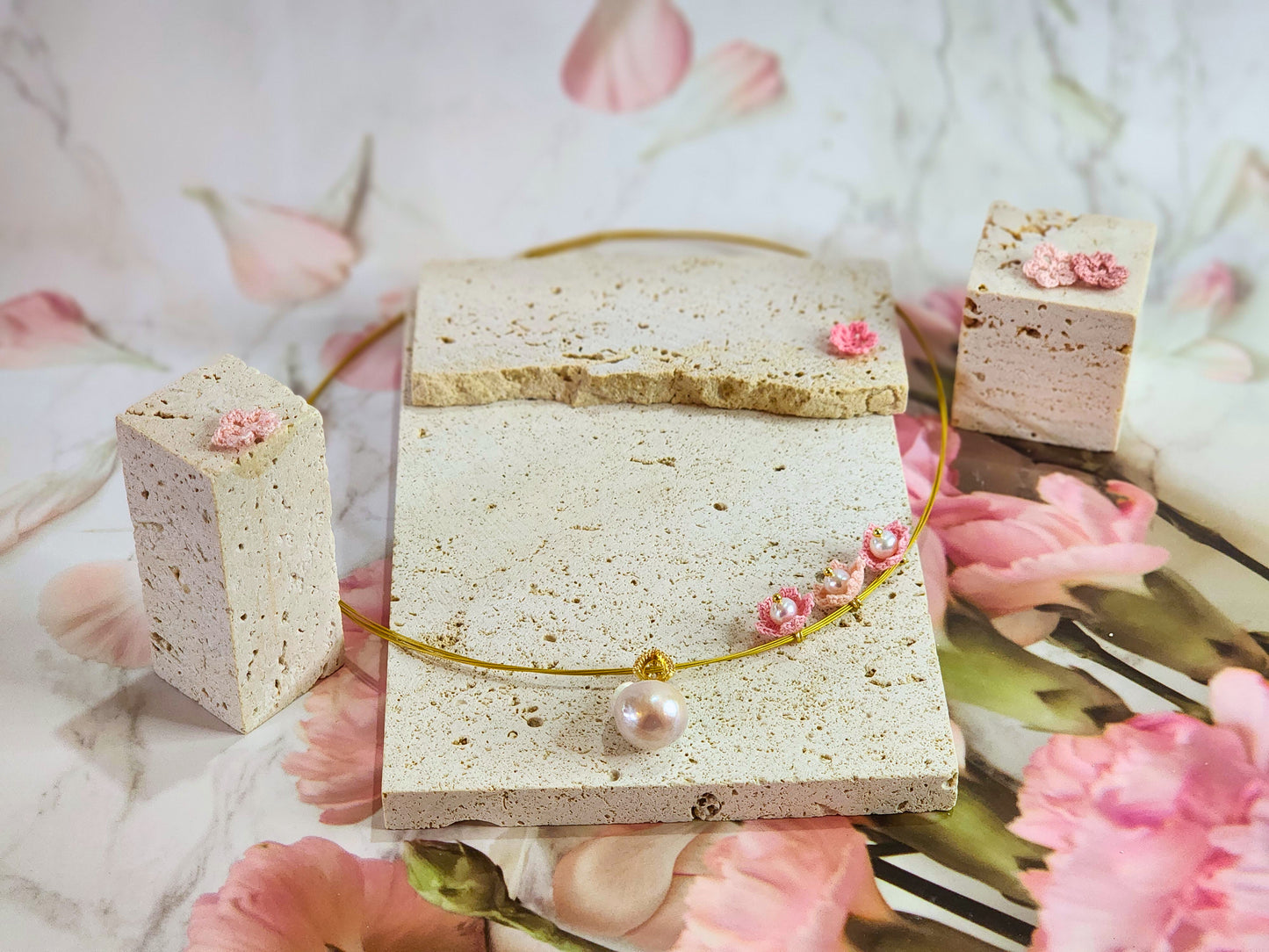 Natural Baroque pearl with handcrafted micro-crochet Sakuras with freshwater Akoya pearls on Japanese gold wire.