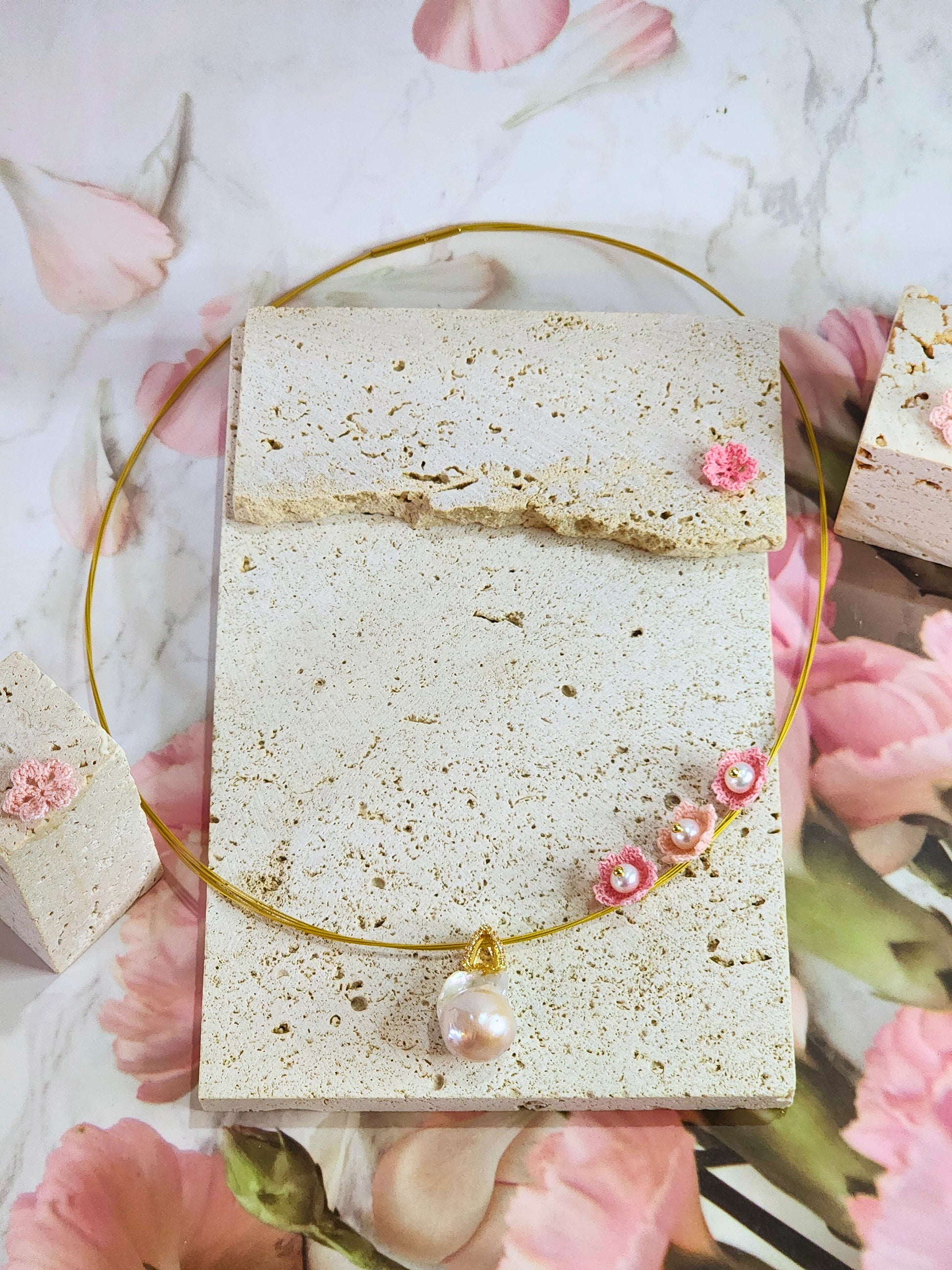 Natural Baroque pearl with handcrafted micro-crochet Sakuras with freshwater Akoya pearls on Japanese gold wire.