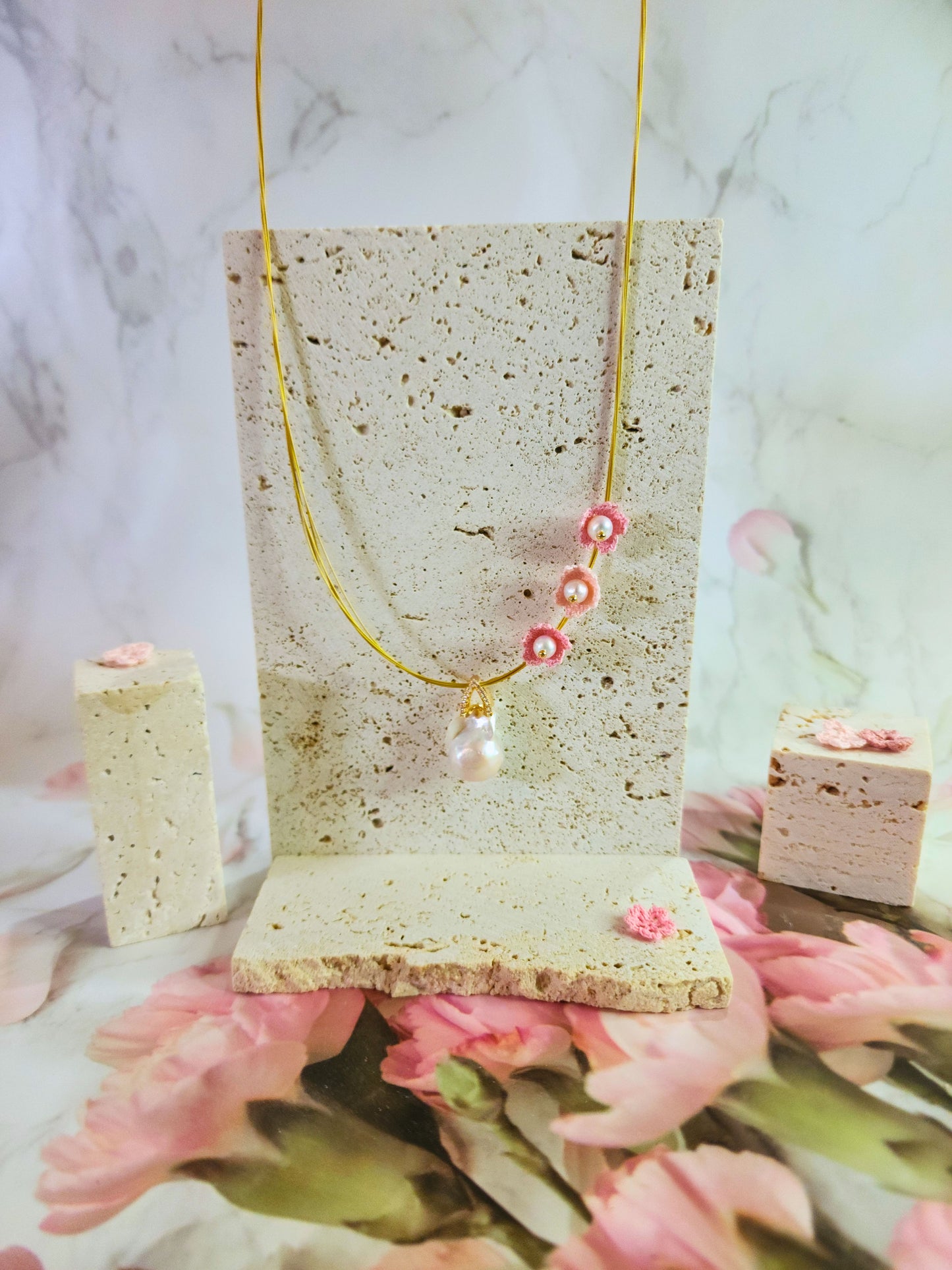 Natural Baroque pearl with handcrafted micro-crochet Sakuras with freshwater Akoya pearls on Japanese gold wire.