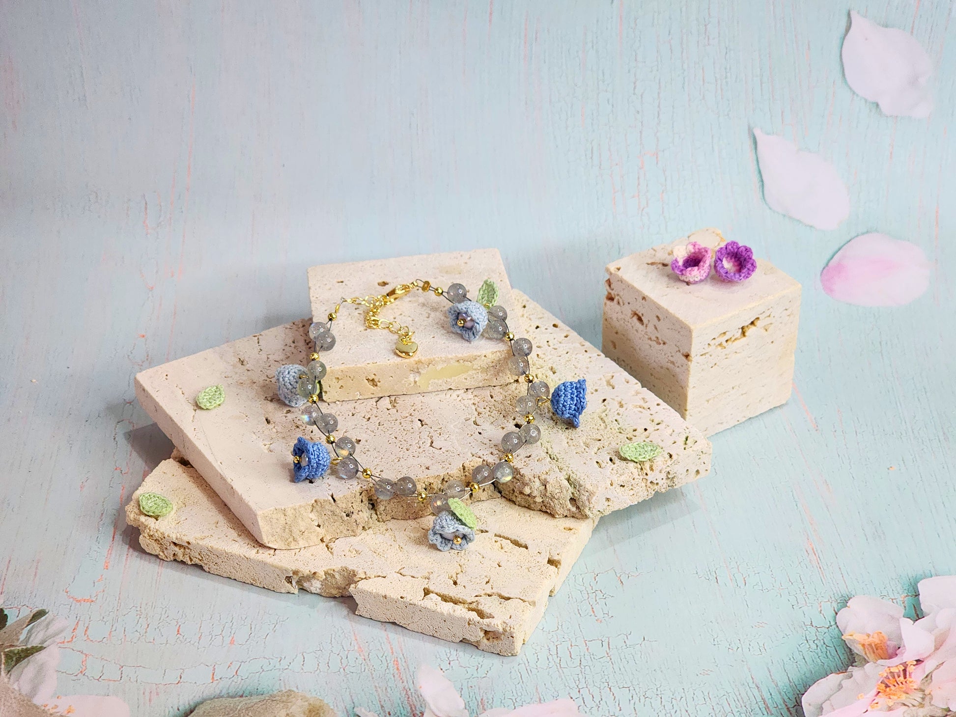 Natural Labradorite crystals with handcrafted micro-crochet Blue Lilies of the Valley with freshwater pearls bracelet