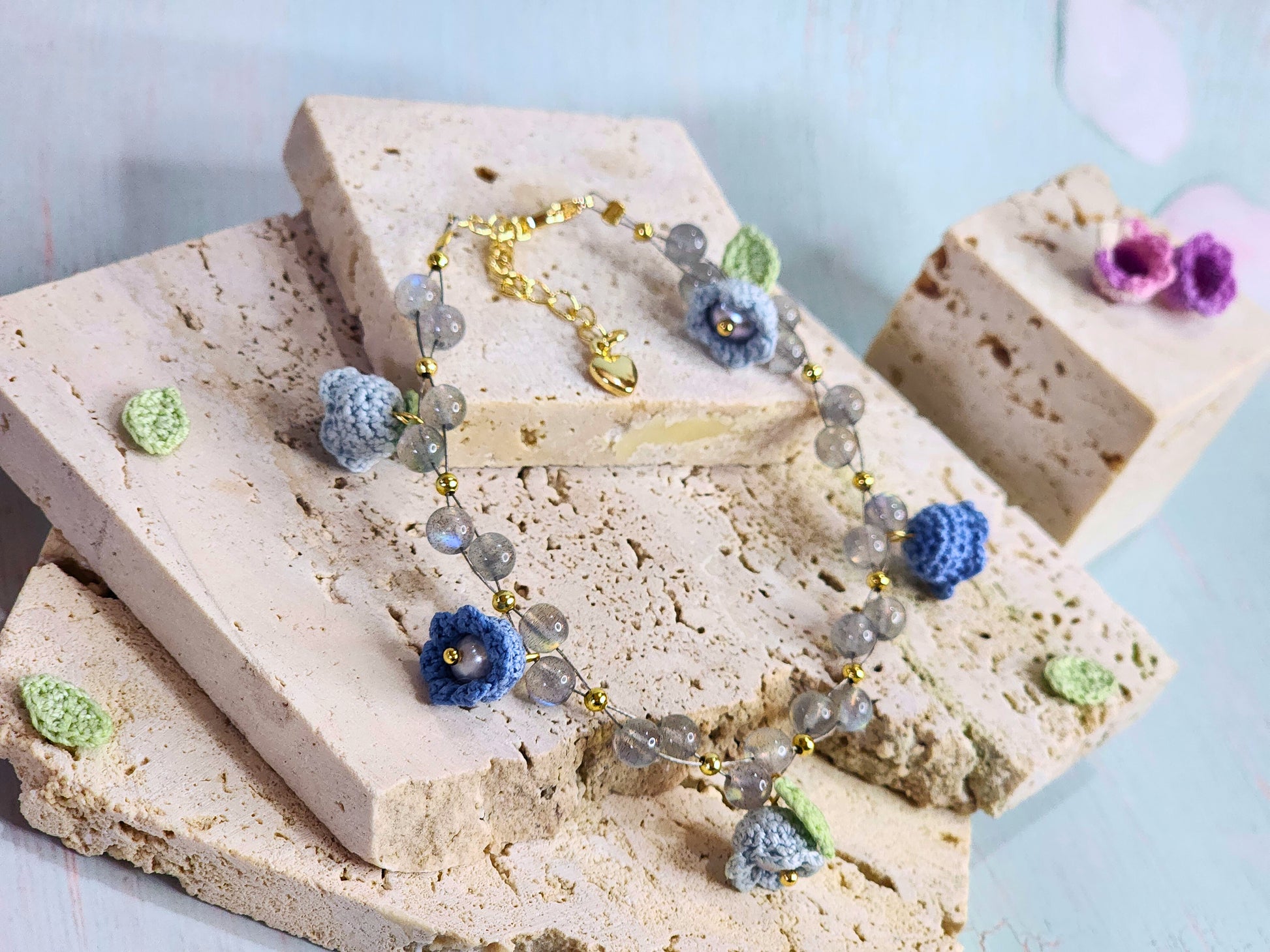 Natural Labradorite crystals with handcrafted micro-crochet Blue Lilies of the Valley with freshwater pearls bracelet