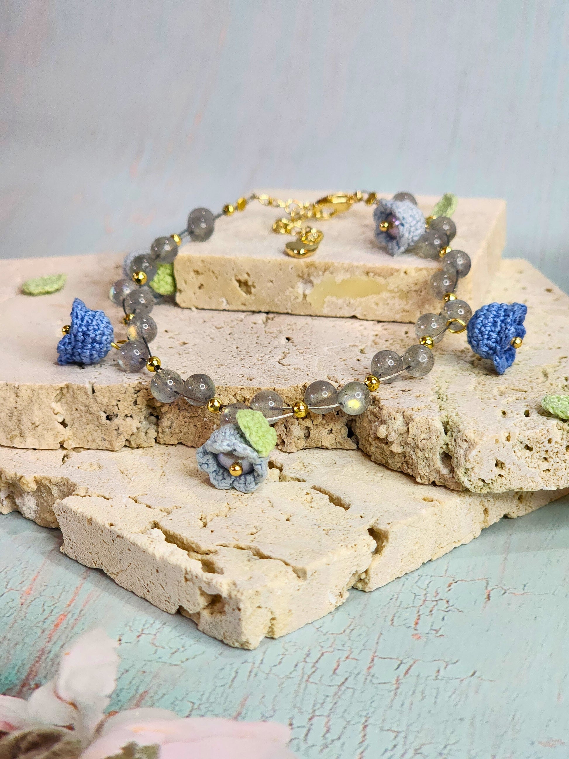 Natural Labradorite crystals with handcrafted micro-crochet Blue Lilies of the Valley with freshwater pearls bracelet