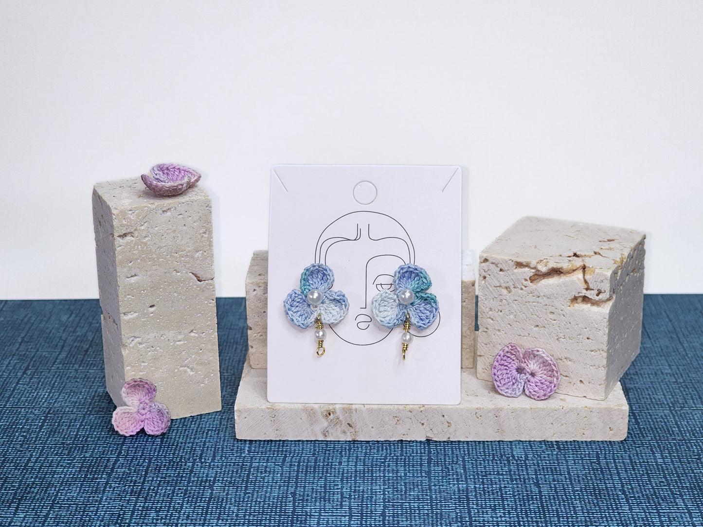 A pair of Pansy with Pearl Beads Micro-crochet Earrings