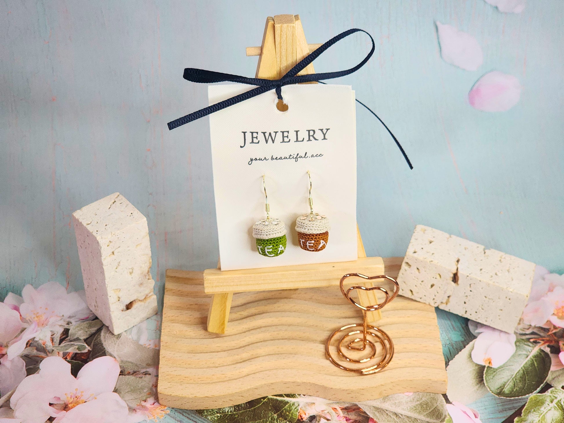 Unique artisan-crafted bubble and matcha tea micro-crochet earrings made with ultra-fine lace yarn and adorned with Swarovski crystals