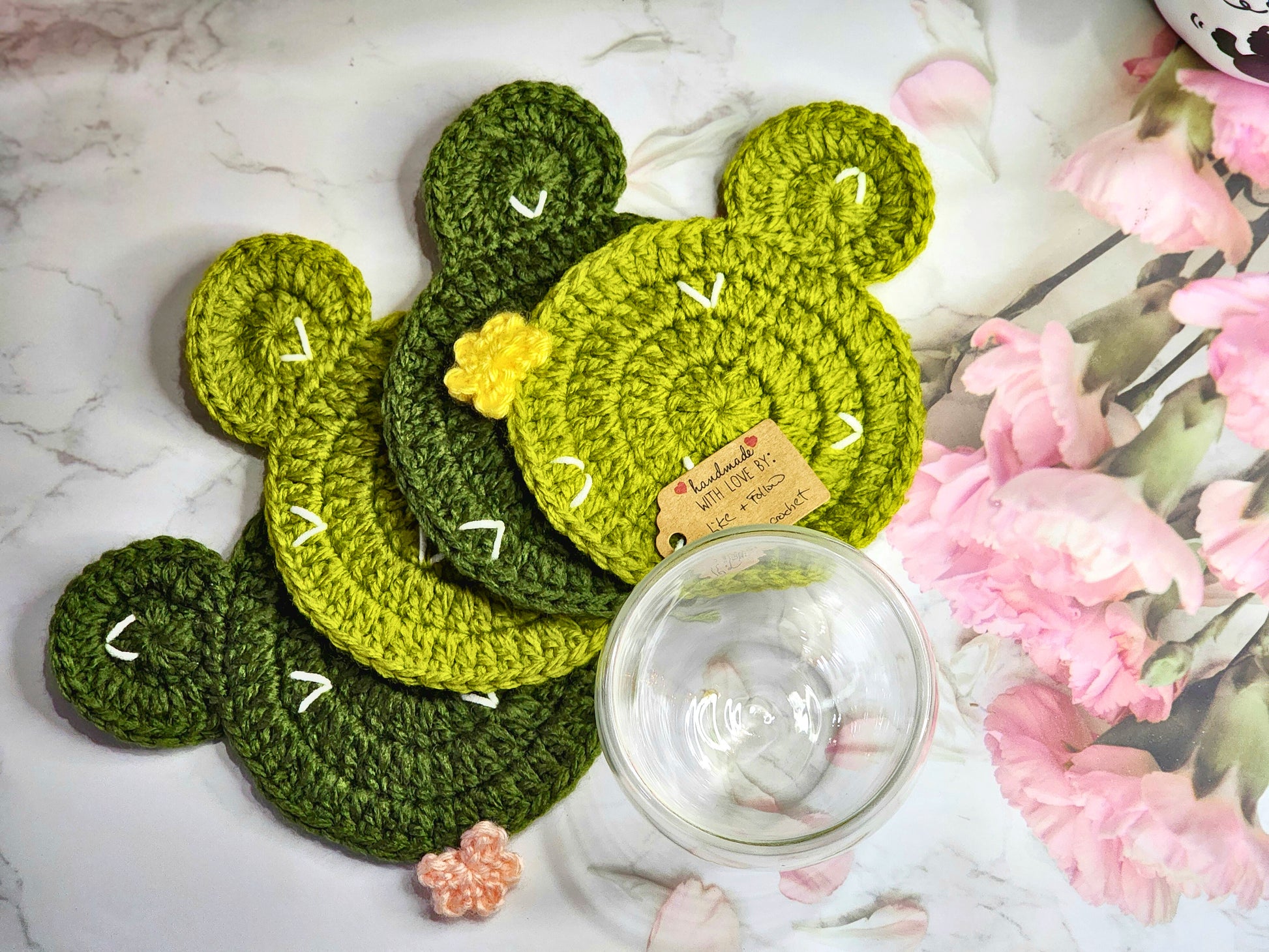 Cactus crochet coaster set of 4 in two green tones