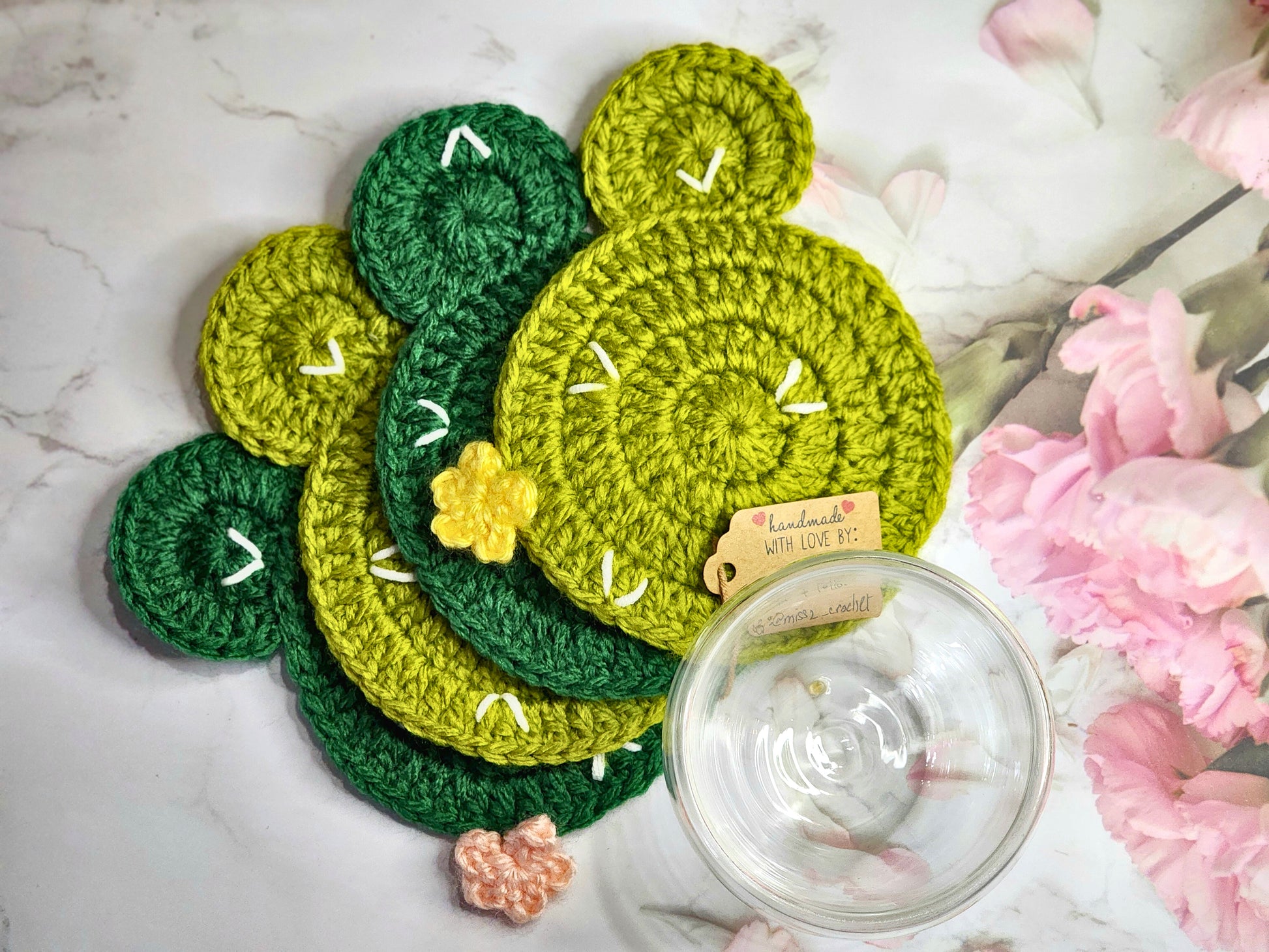 Set of 4 cactus crochet coasters in two shades of green