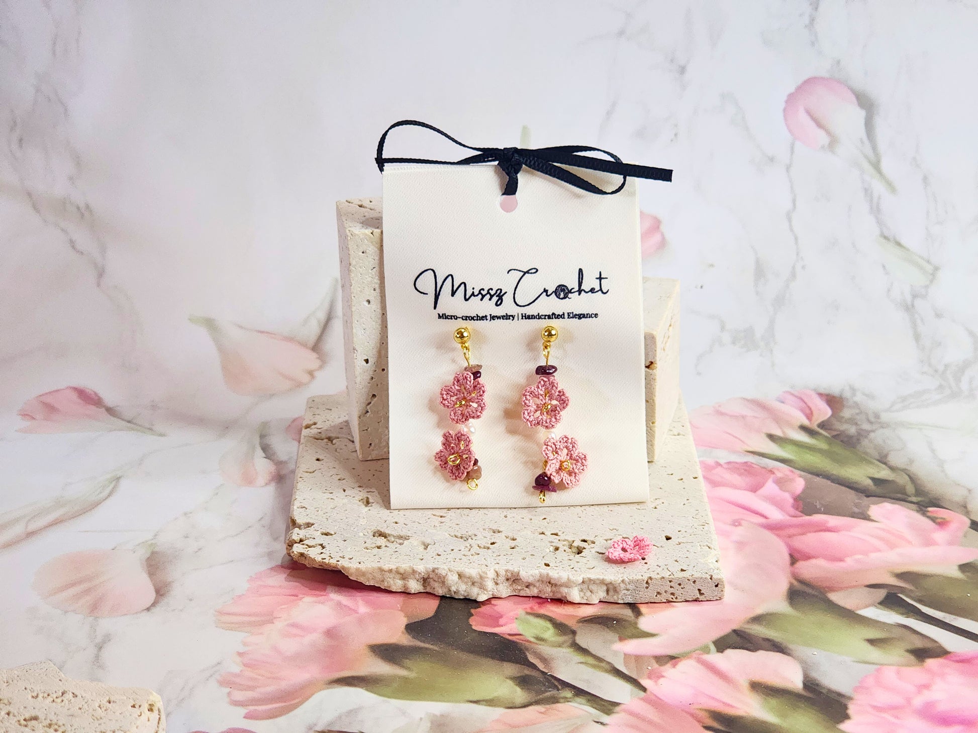 Handcrafted deep pink sakura micr-crochet earrings. Adorned with natural Baroque pearls and tourmaline crystals.