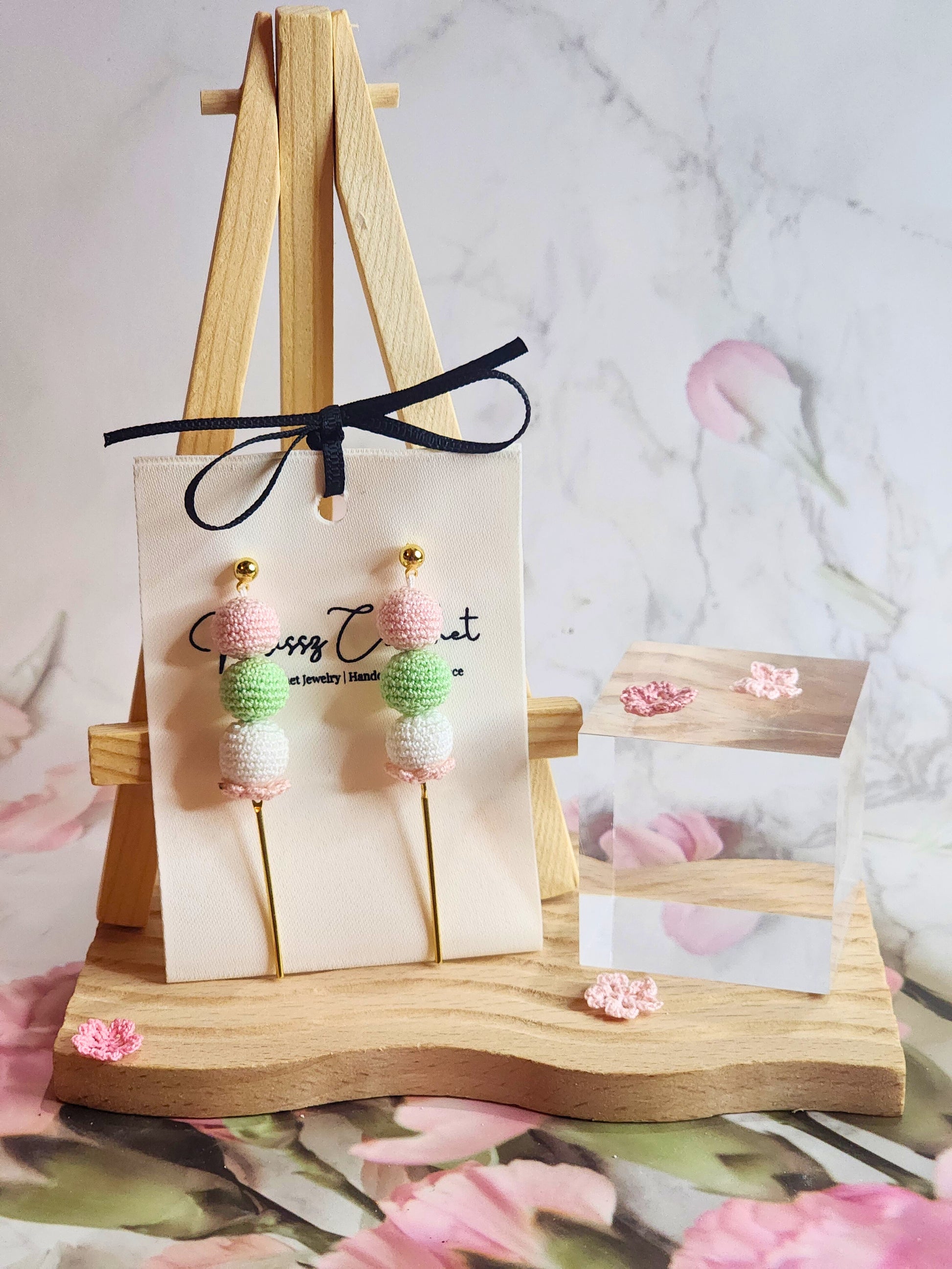 Handcrafted kawaii micro-crochet Dango earrings with 18K gold-plated ear studs & findings.