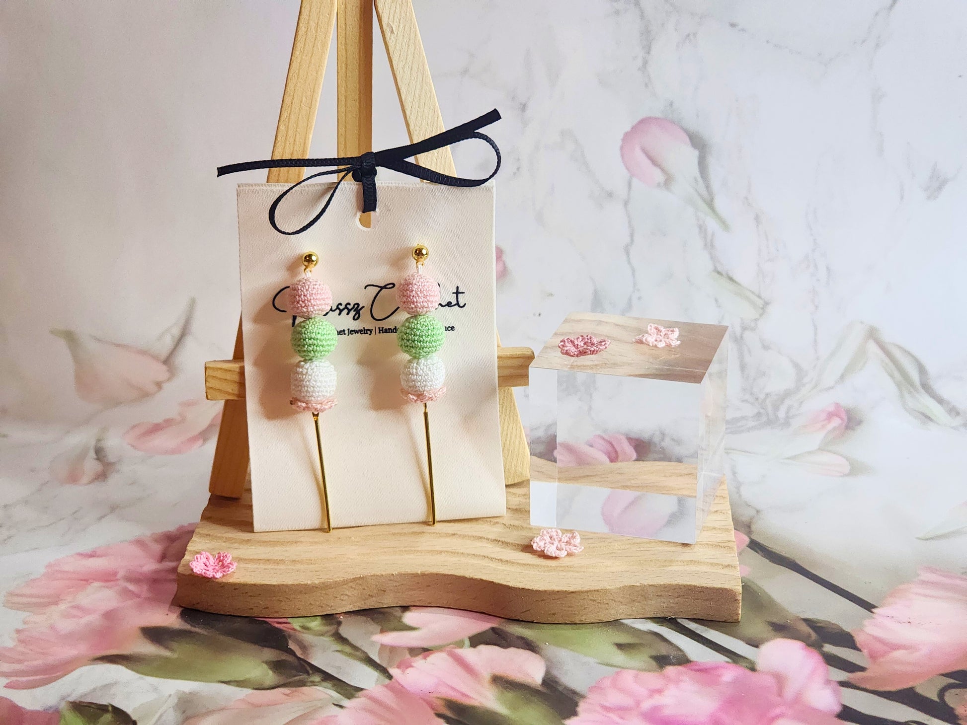 Handcrafted kawaii micro-crochet Dango earrings with 18K gold-plated ear studs & findings.