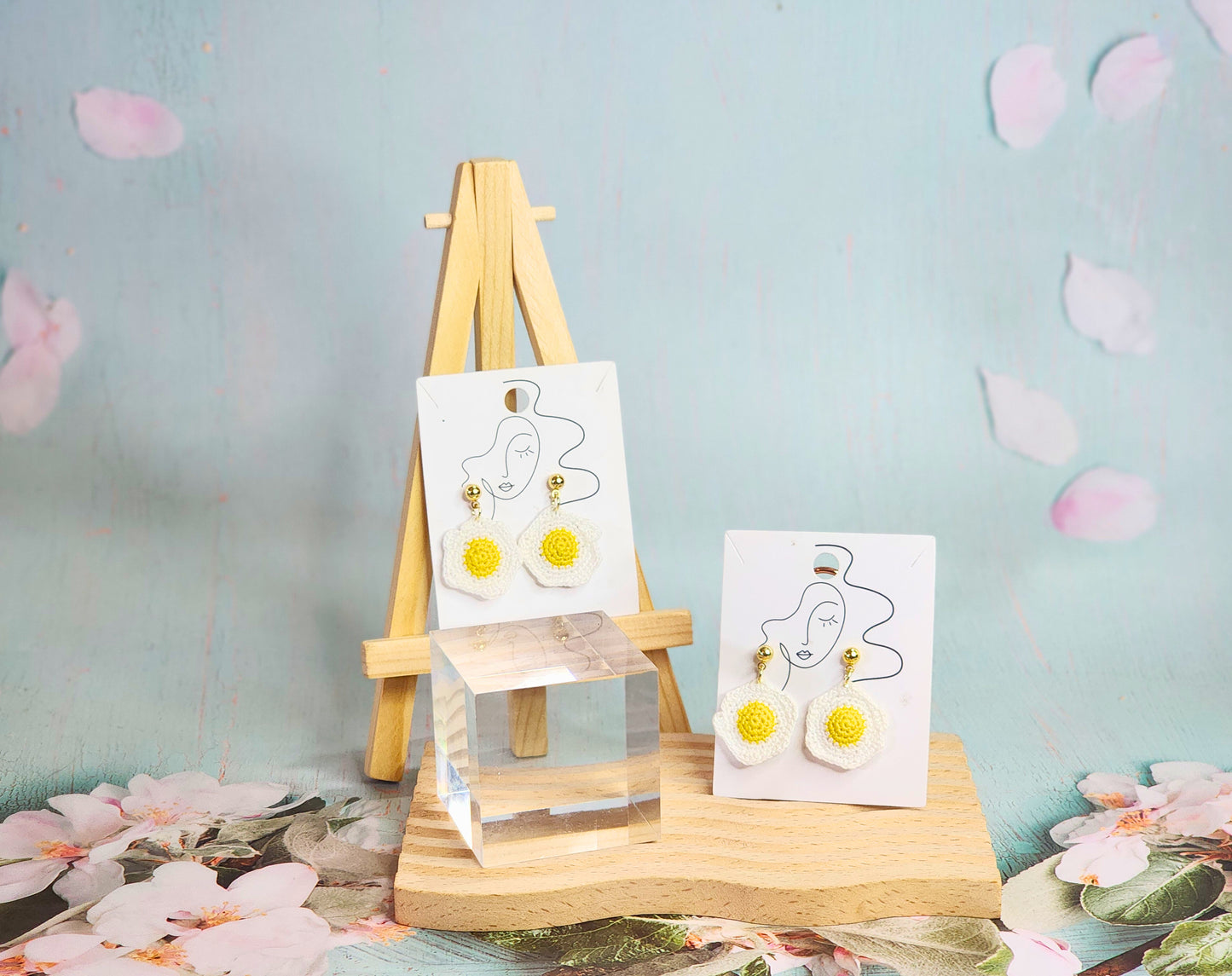 Pair of cute & whimiscal fried egg micro-crochet earrings. Handcrafted with ultra-fine lace yarn and paired with sterling silver hooks