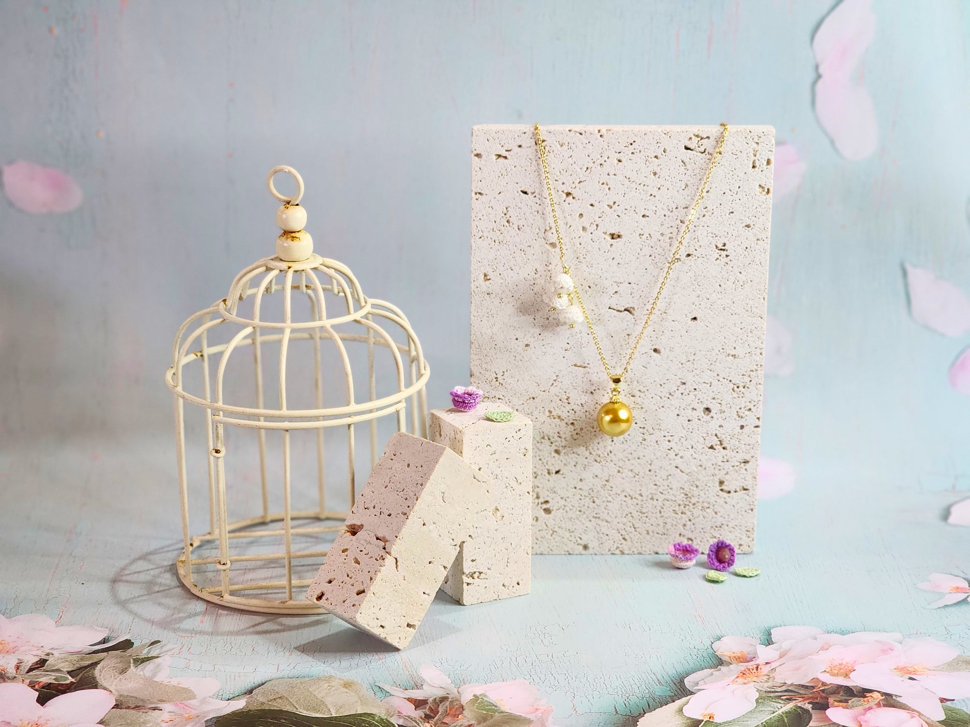 Natural South Sea Dark Gold Pearl with micro-crochet white Lilies of the Valley Necklace