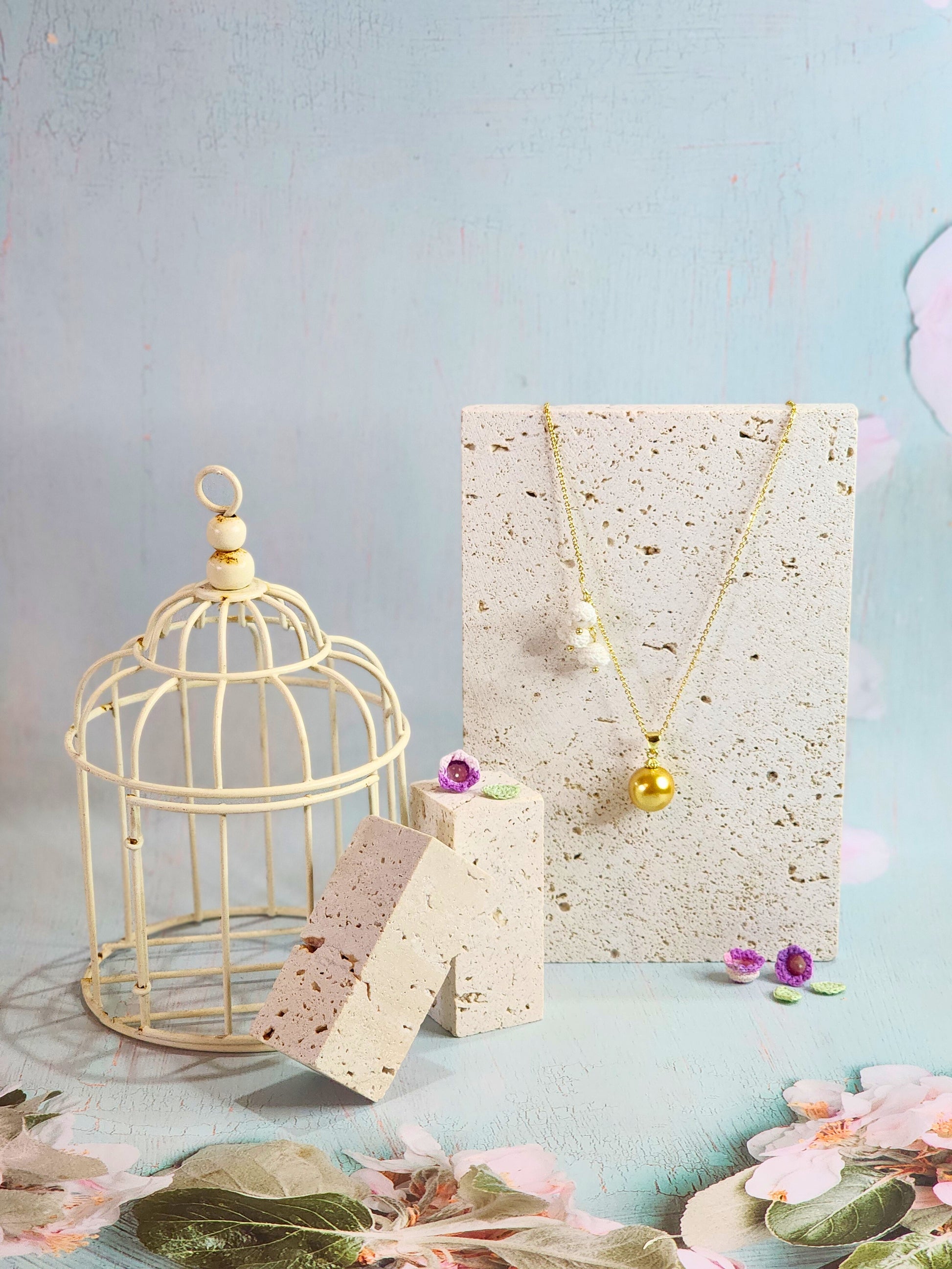 Natural South Sea Dark Gold Pearl with micro-crochet white Lilies of the Valley Necklace