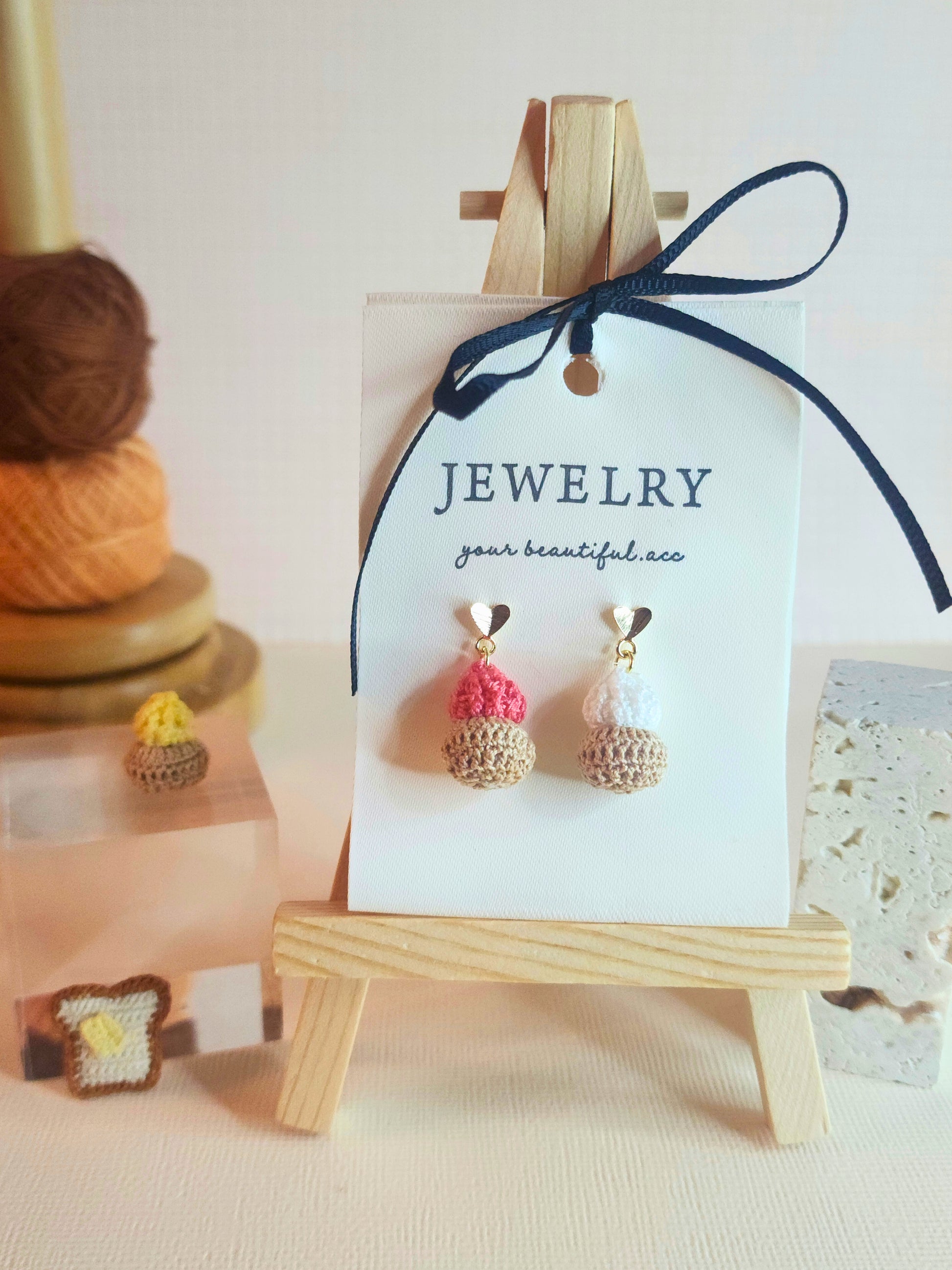 Ice Gem Biscuits micro-crochet earrings paired with 18KGP ear studs/hooks