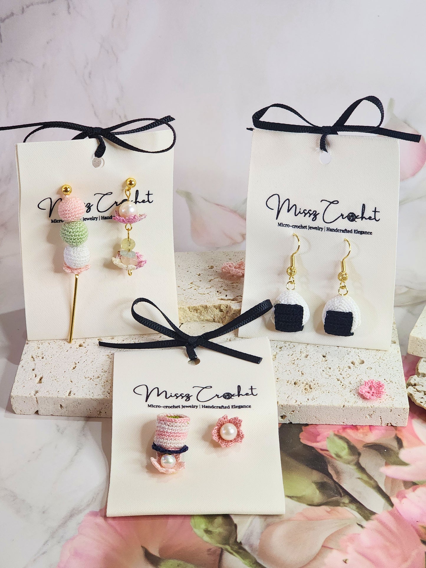 Collection of handcrafted kawaii micro-crochet earrings