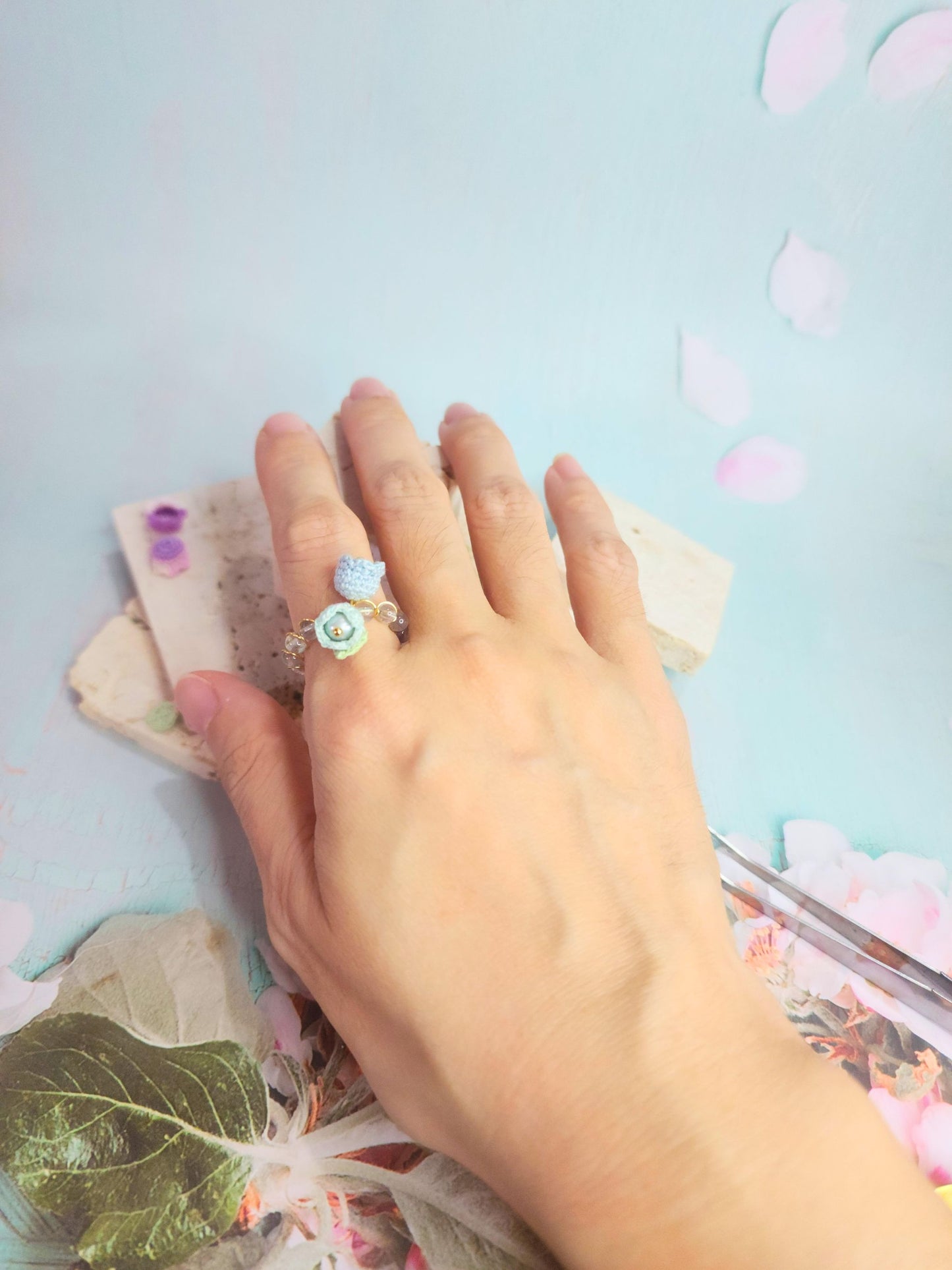 Natural Labradorite with Blue Micro-crochet Lillies of the Valley with Pearls Ring