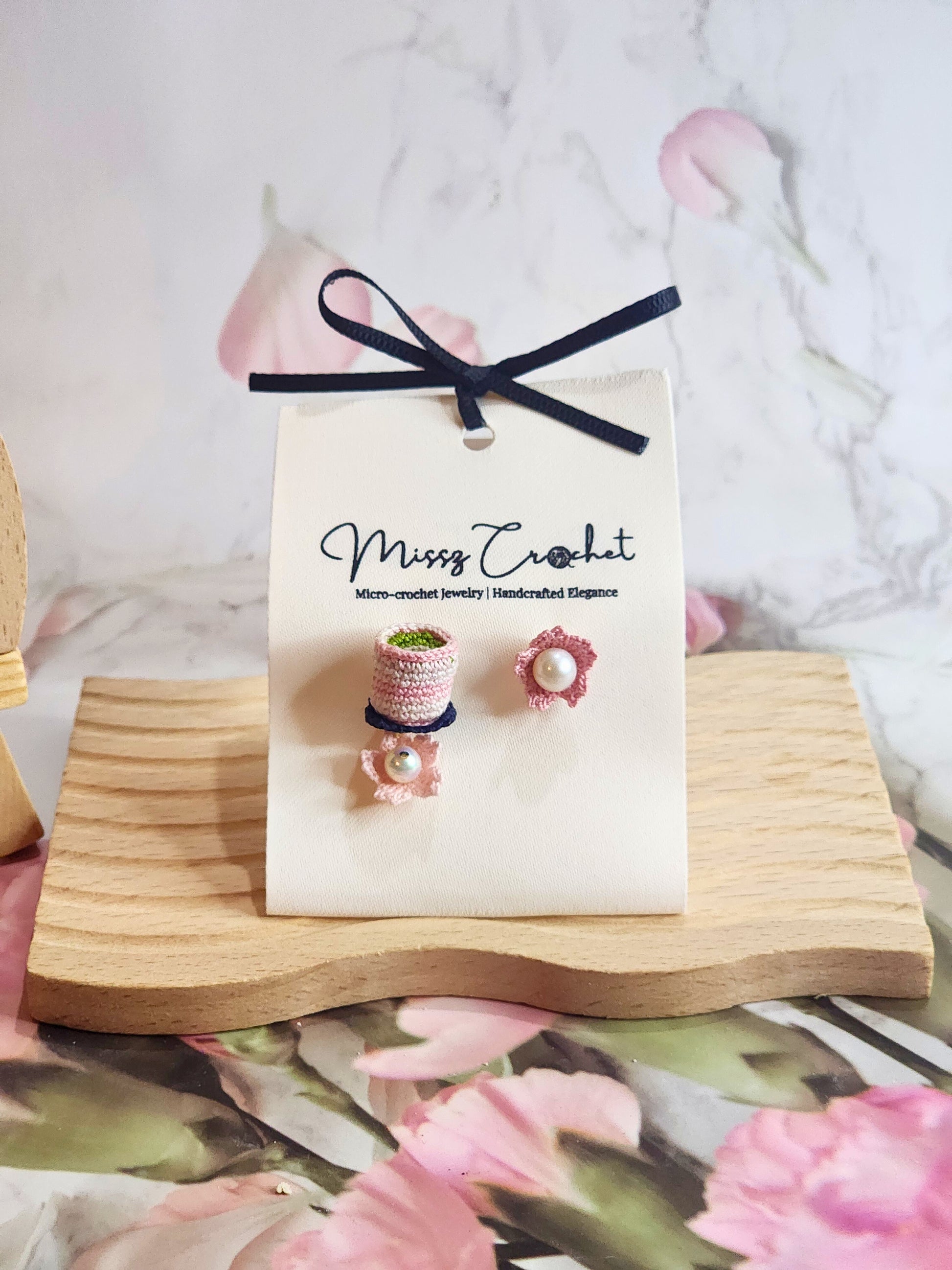 Handcrafted micro-crochet matcha tea & sakura with pearls earrings. Natural freshwater Akoya & Edison pearls. 18K gold-plated ear studs.