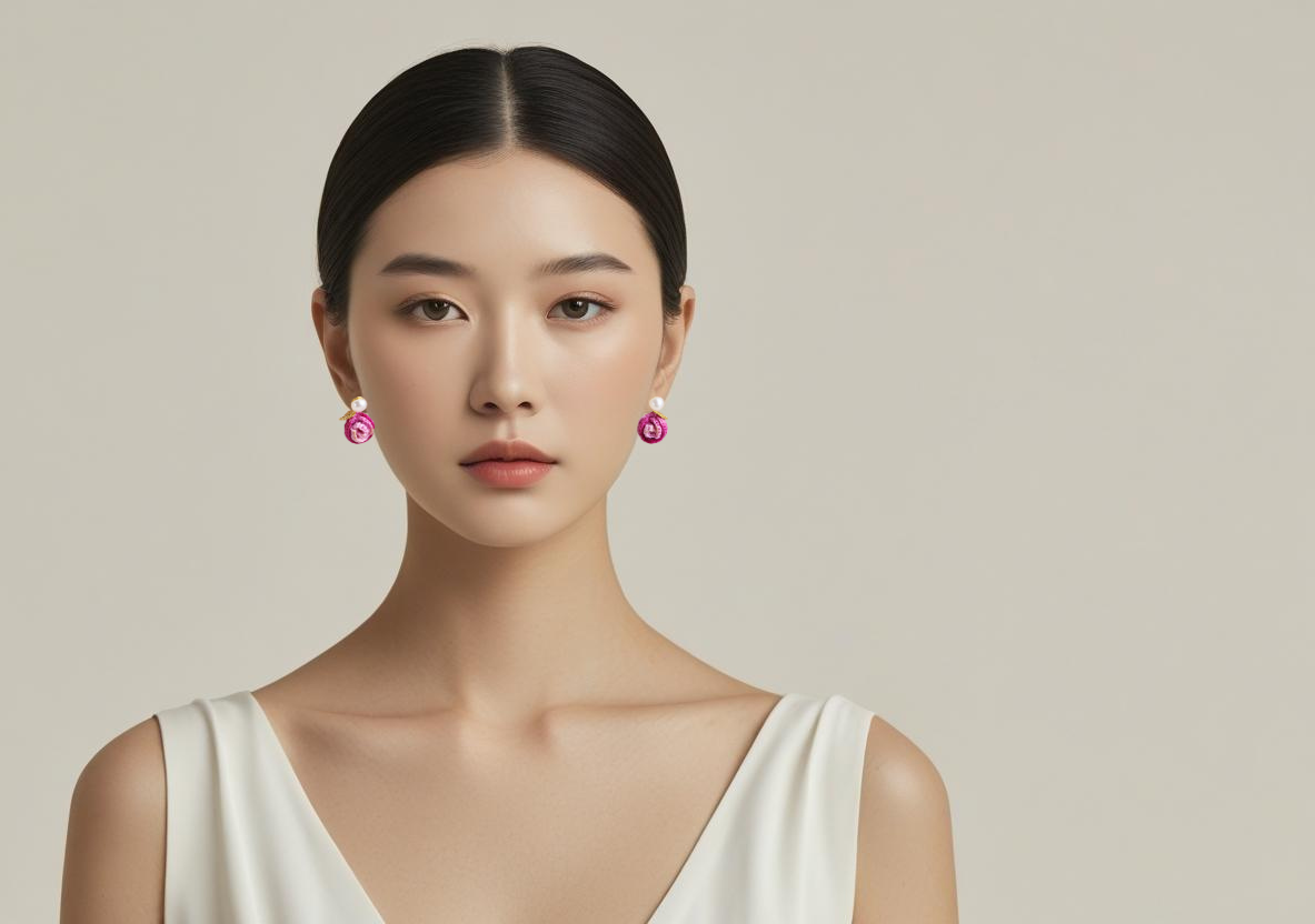 A model wearing a pair of Rose with Freshwater Pearl & Gold-plated Leaf Micro-crochet Earrings