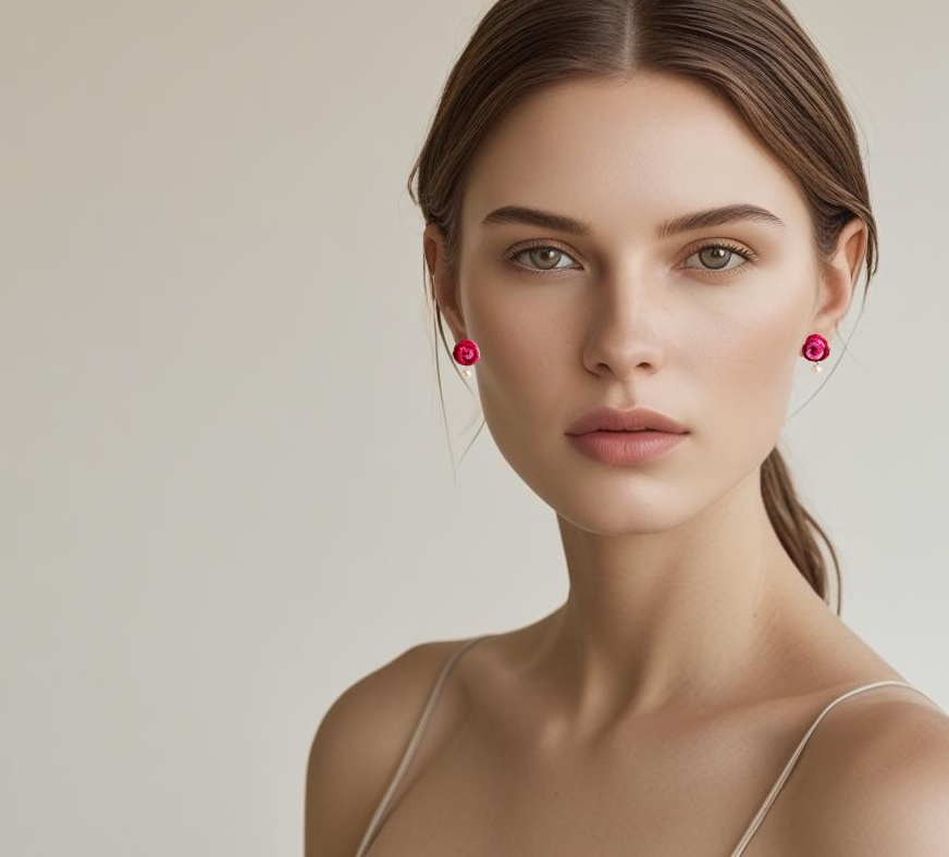 A model wearing a pair of Rose with Freshwater Pearls Micro-crochet Earrings