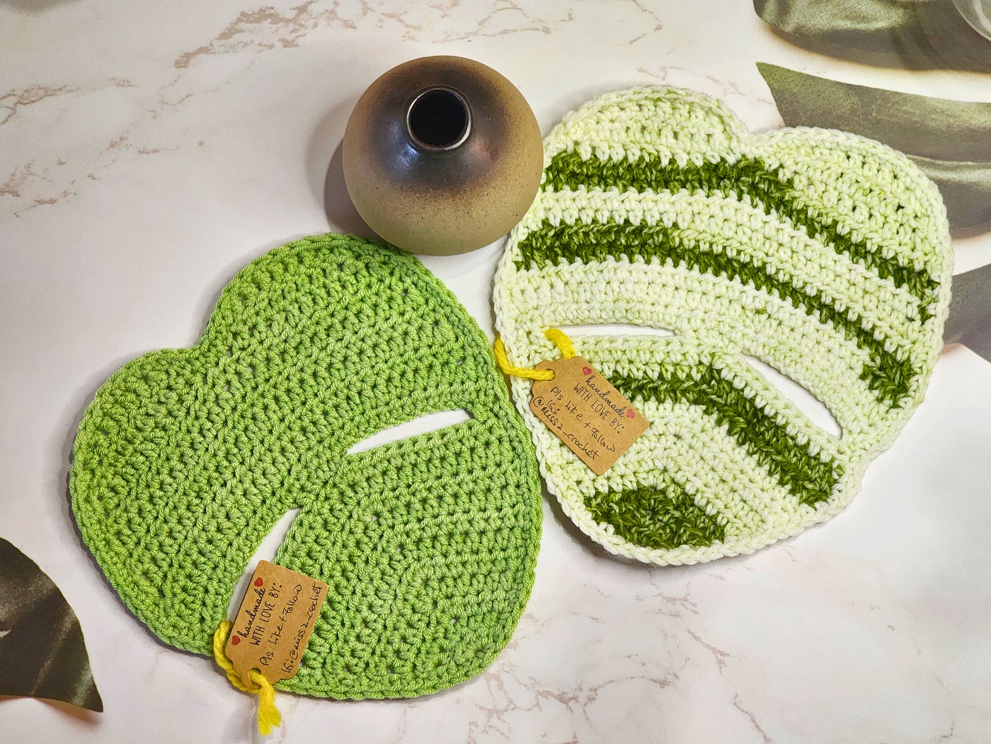 Monstera crocheted table accent in shades of green