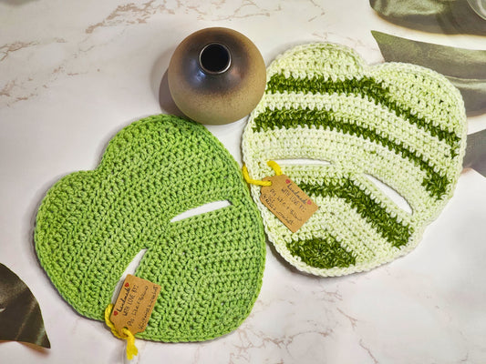 Monstera crocheted table accent in shades of green