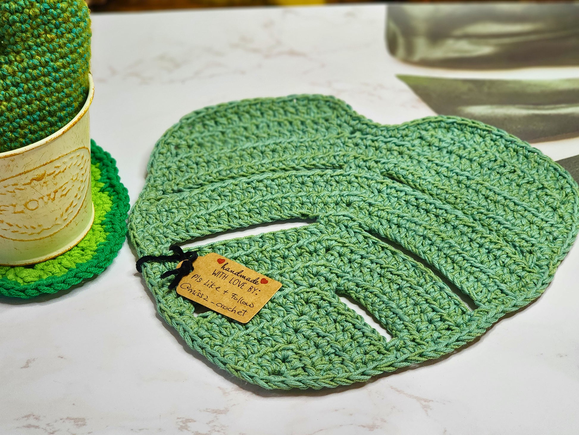 Monstera crocheted table centerpiece in dark green