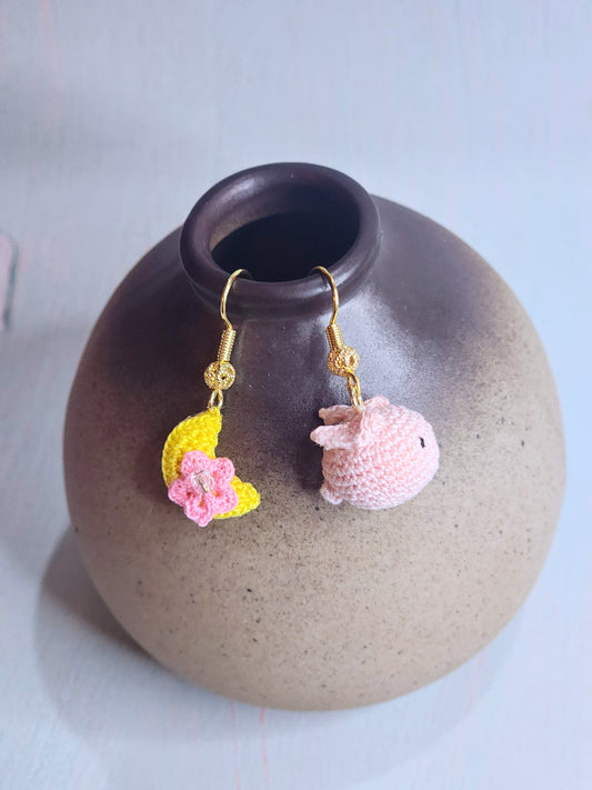 Handcrafted micro-crochet moon and bunny amigurumi earrings. 18K gold-plated ear hooks.