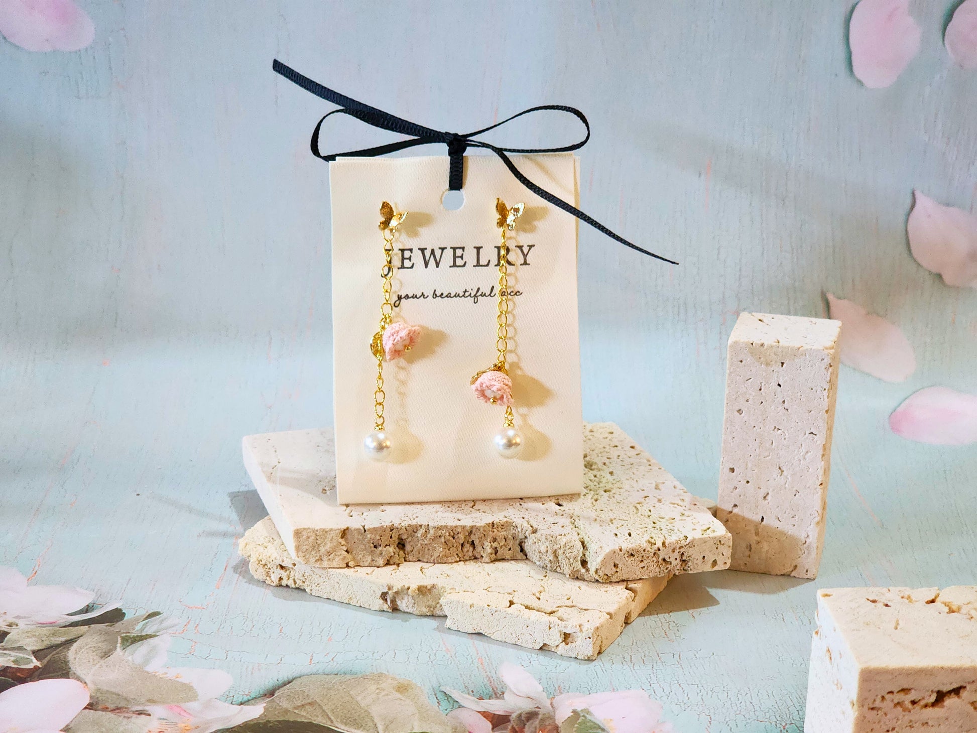 Luminous Australian White Sea Pearls with handcrafted micro-crochet Pink Lily of the Valley on 18K gold-plated chain and studs