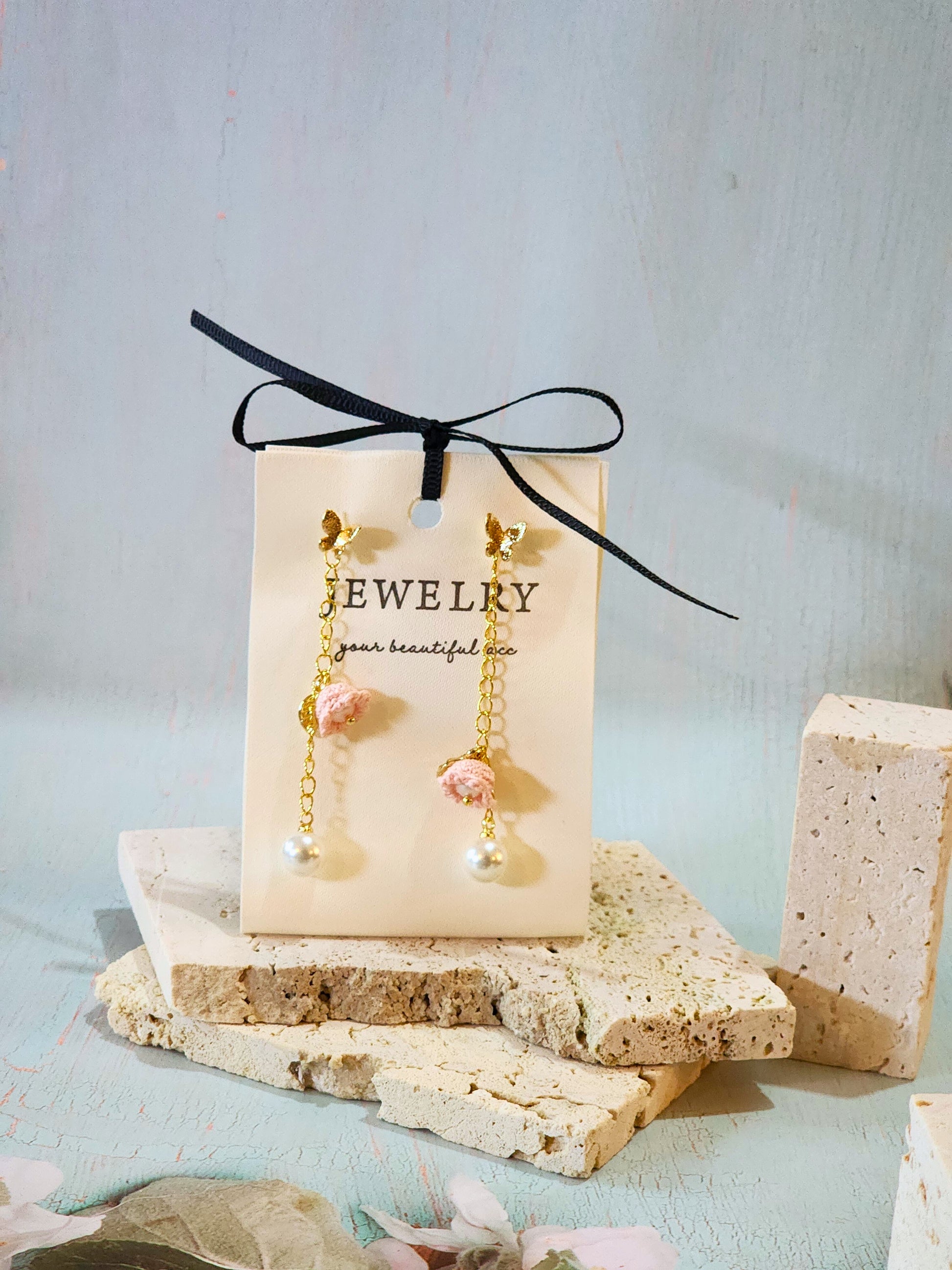 Luminous Australian White Sea Pearls with handcrafted micro-crochet Pink Lily of the Valley on 18K gold-plated chain and studs