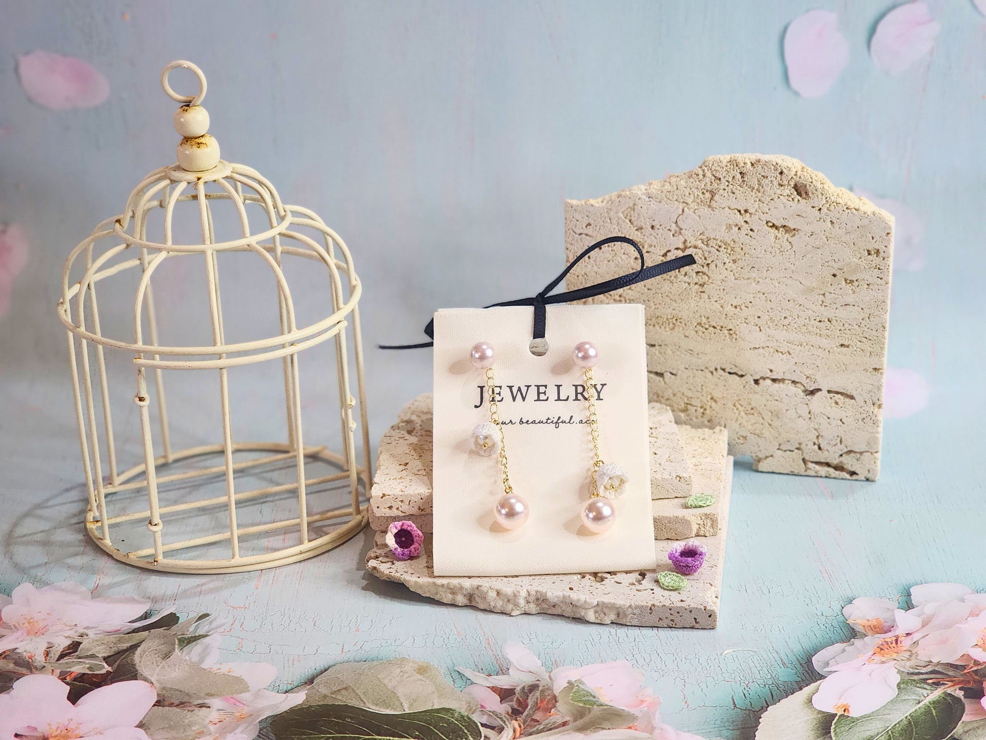 Pink-white Aurora Freshwater Pearls with Micro-crochet Lilies of the Valley Chandelier Earrings