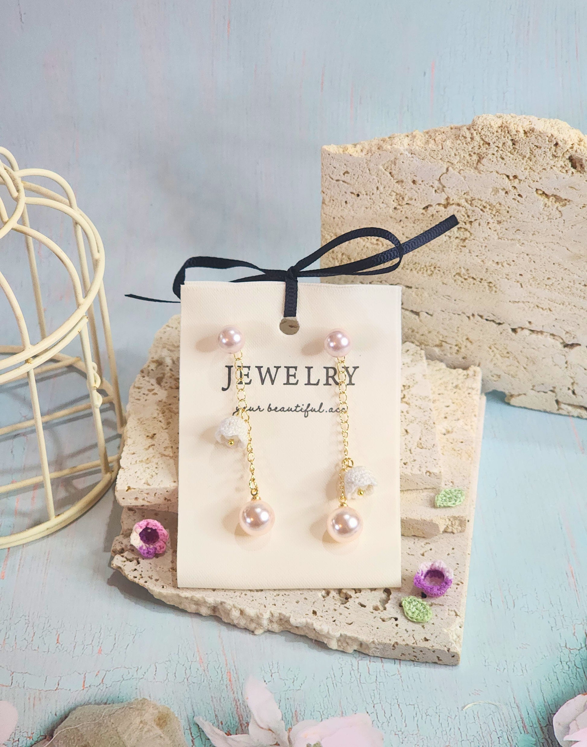 Pink-white Aurora Freshwater Pearls with Micro-crochet Lilies of the Valley Chandelier Earrings