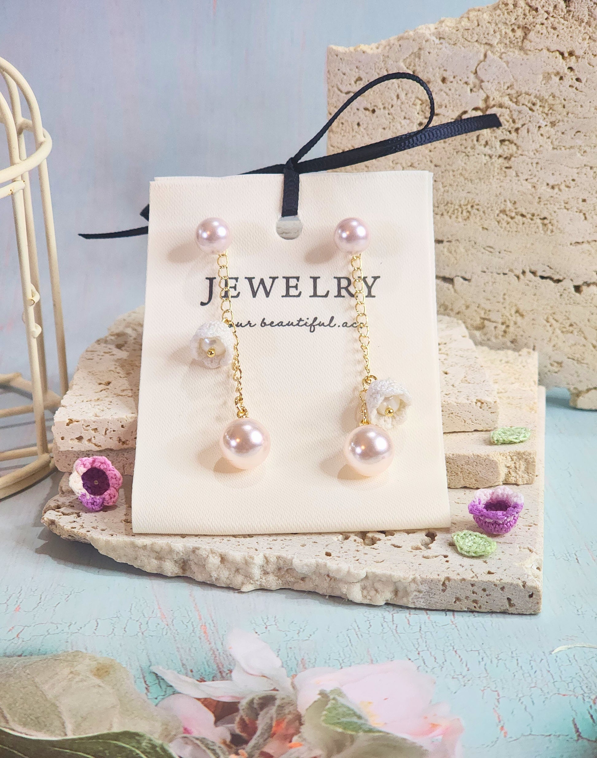 Pink-white Aurora Freshwater Pearls with Micro-crochet Lilies of the Valley Chandelier Earrings