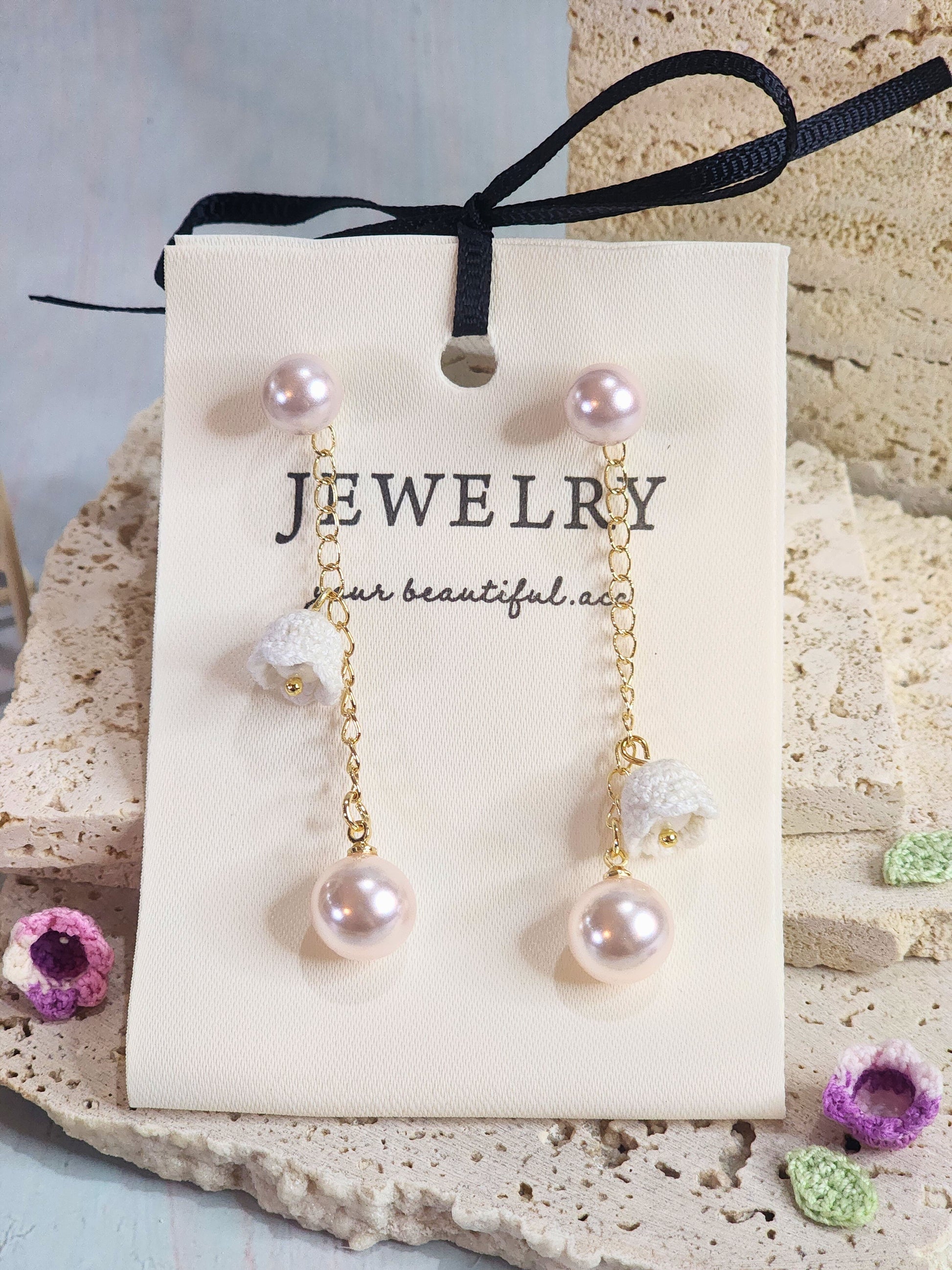 Pink-white Aurora Freshwater Pearls with Micro-crochet Lilies of the Valley Chandelier Earrings