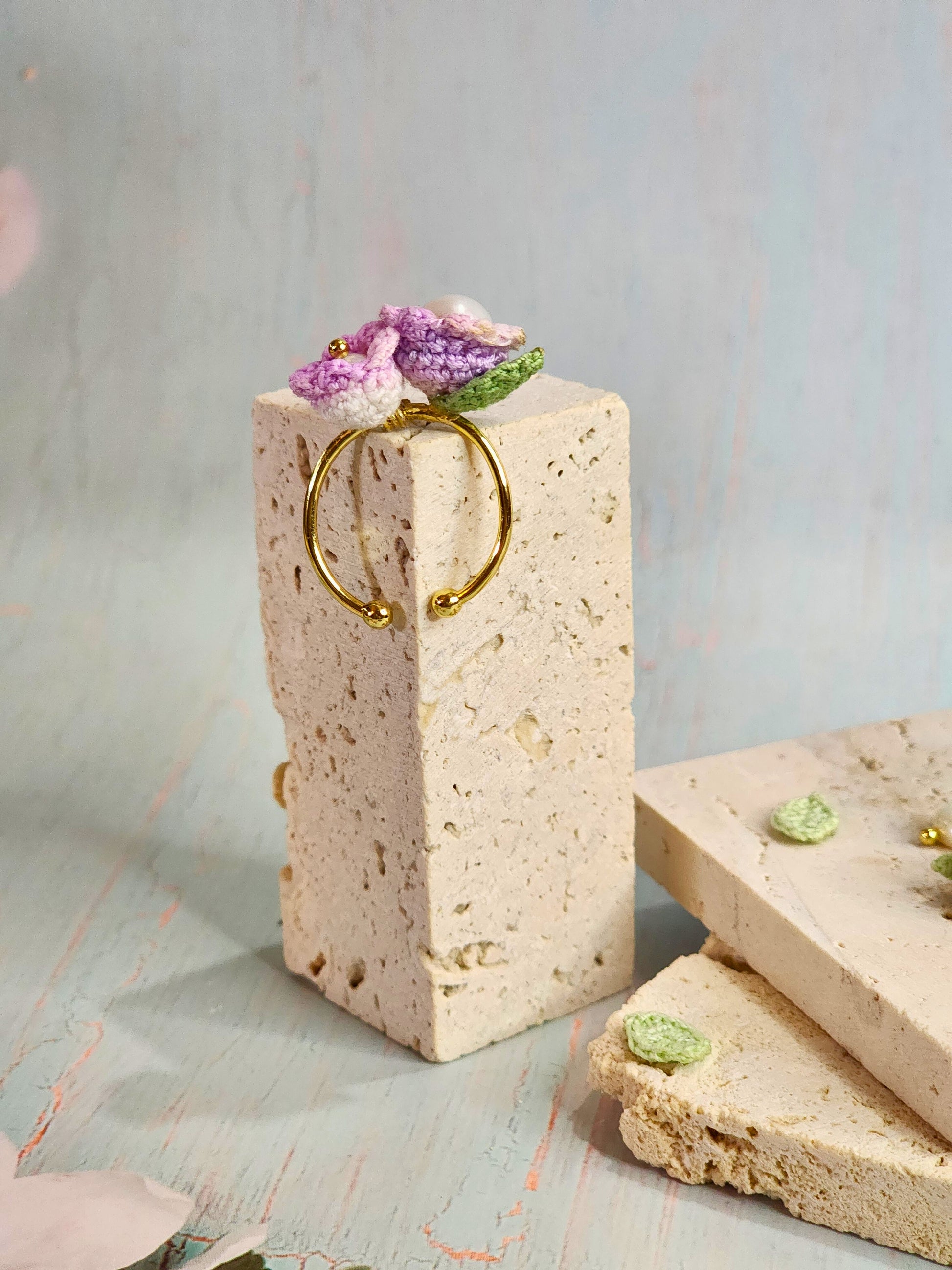 Pink-purple micro-crochet Lilies of the Valley with luminous 8mm & 5mm Freshwater Pearls Ring. 18K gold-plated adjustable ring.