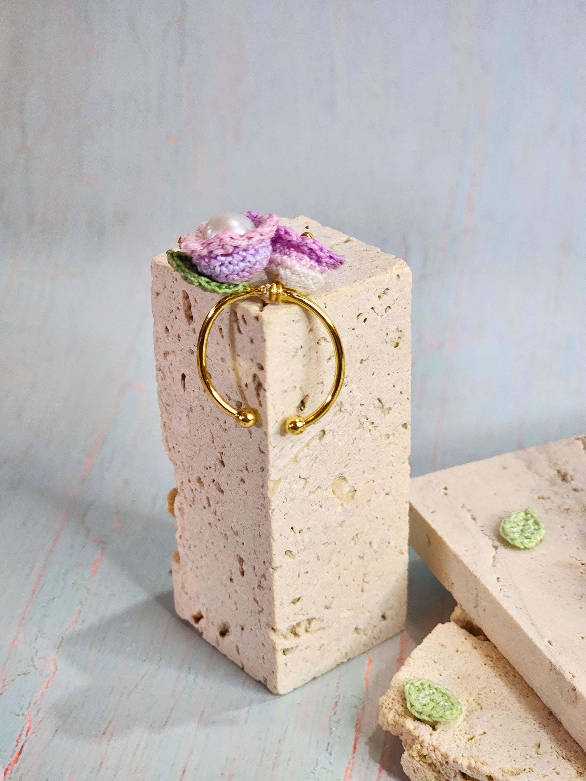 Pink-purple micro-crochet Lilies of the Valley with luminous 8mm & 5mm Freshwater Pearls Ring. 18K gold-plated adjustable ring.