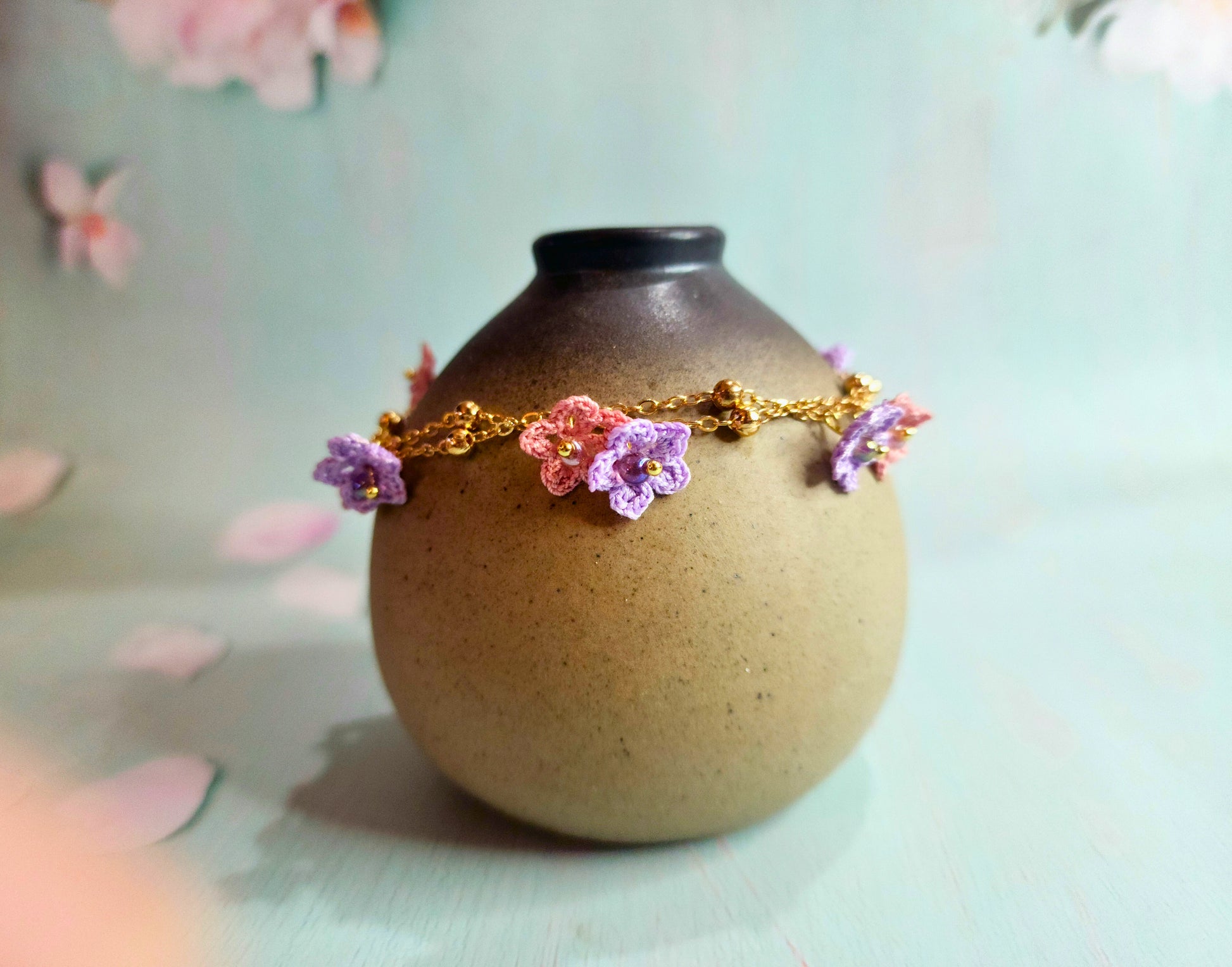 Pink & purple micro-crochet star flowers accented with Miyuki glass beads on double strand 18K gold-plated bracelet