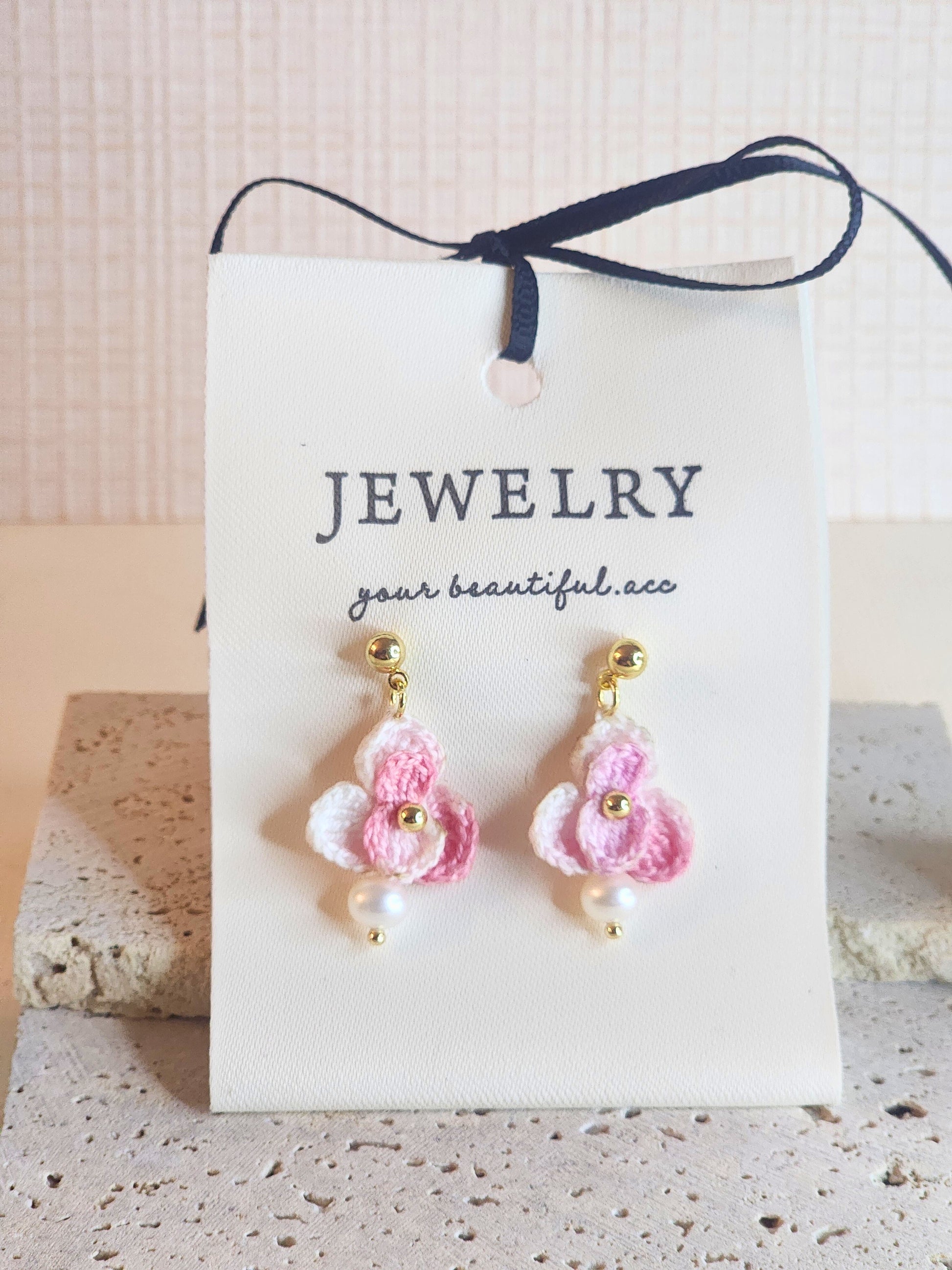 Pink-White Orchid micro-crochet earrings adorned with 4.5-5mm natural freshwater pearls and paired with 18KGP findings