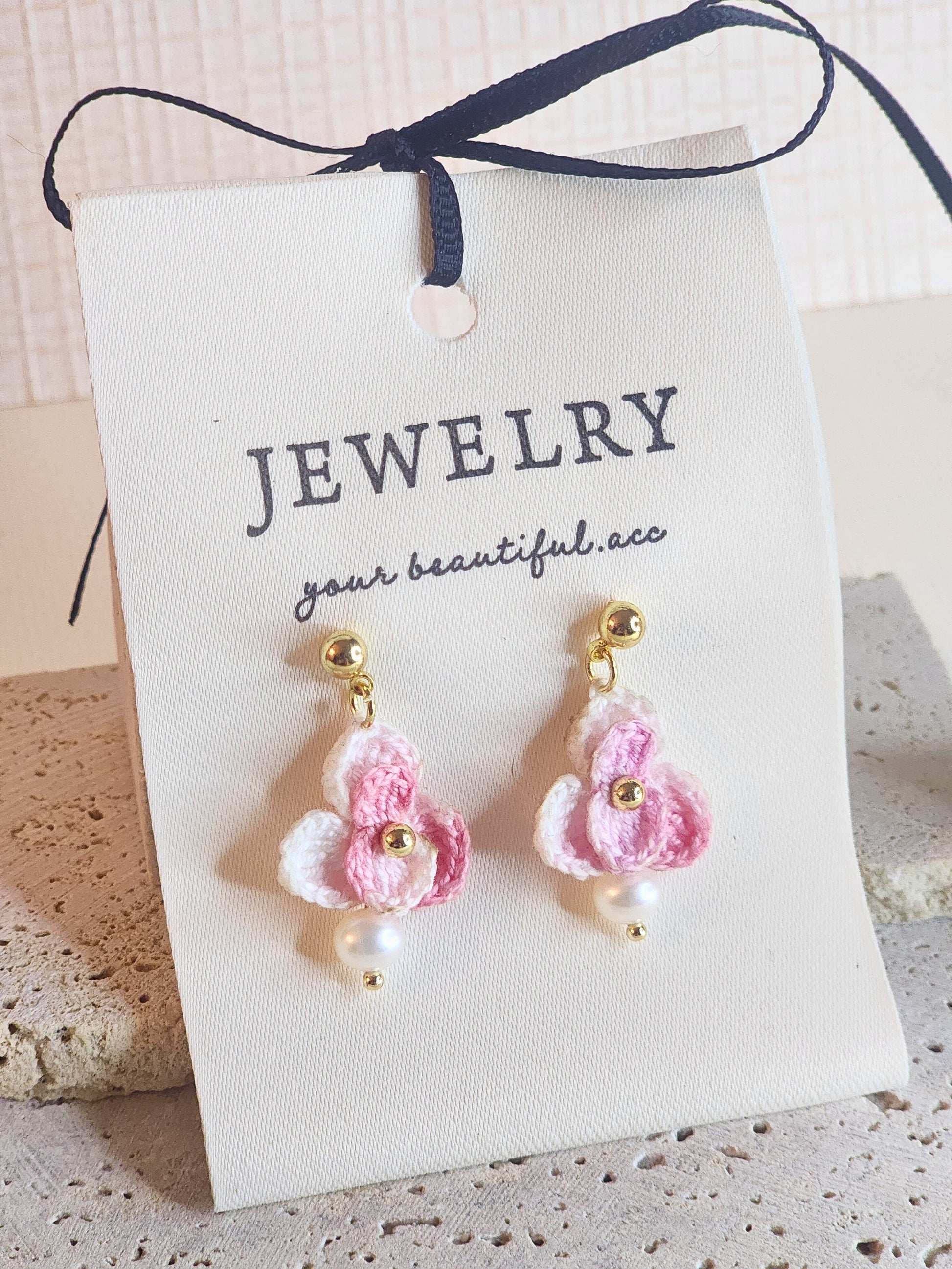 Pink-White Orchid micro-crochet earrings adorned with 4.5-5mm natural freshwater pearls and paired with 18KGP findings