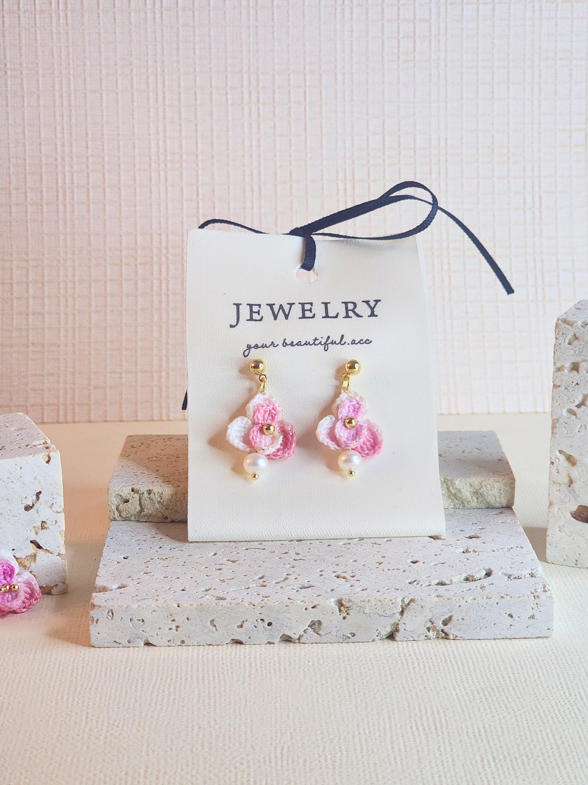Pink-White Orchid micro-crochet earrings adorned with 4.5-5mm natural freshwater pearls and paired with 18KGP findings