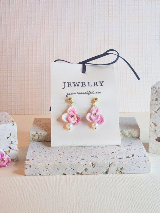 Pink-White Orchid micro-crochet earrings adorned with 4.5-5mm natural freshwater pearls and paired with 18KGP findings