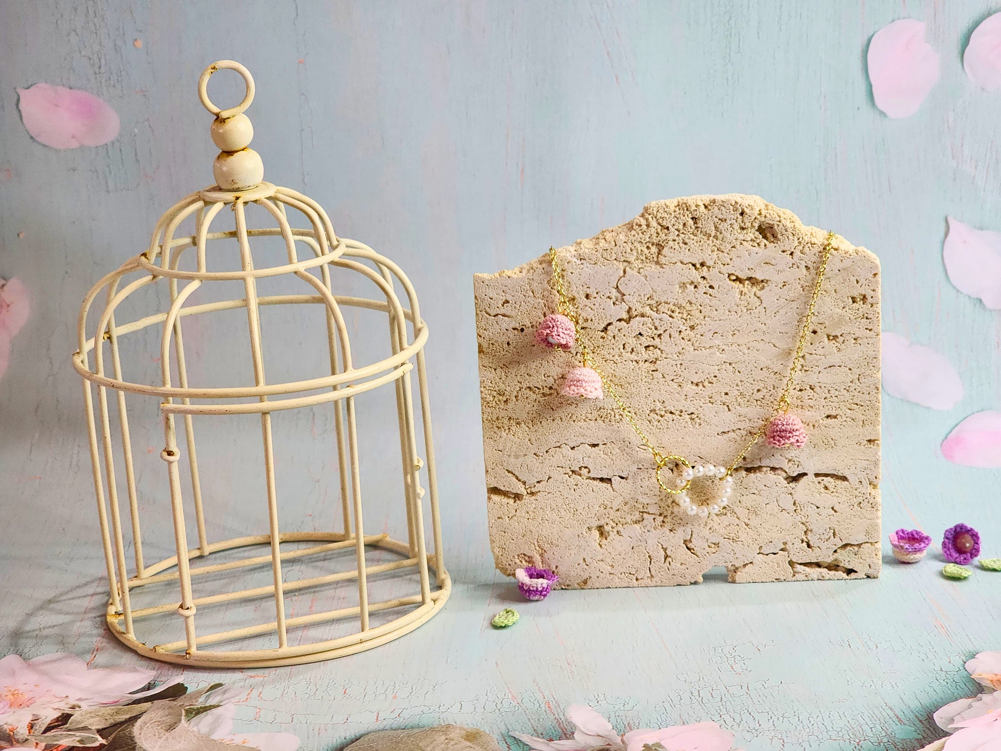 Freshwater Pearls with micro-crochet Pink Lilies of the Valley Necklace. Each bloom adorned with its own 4.5-5mm freshwater pearl.