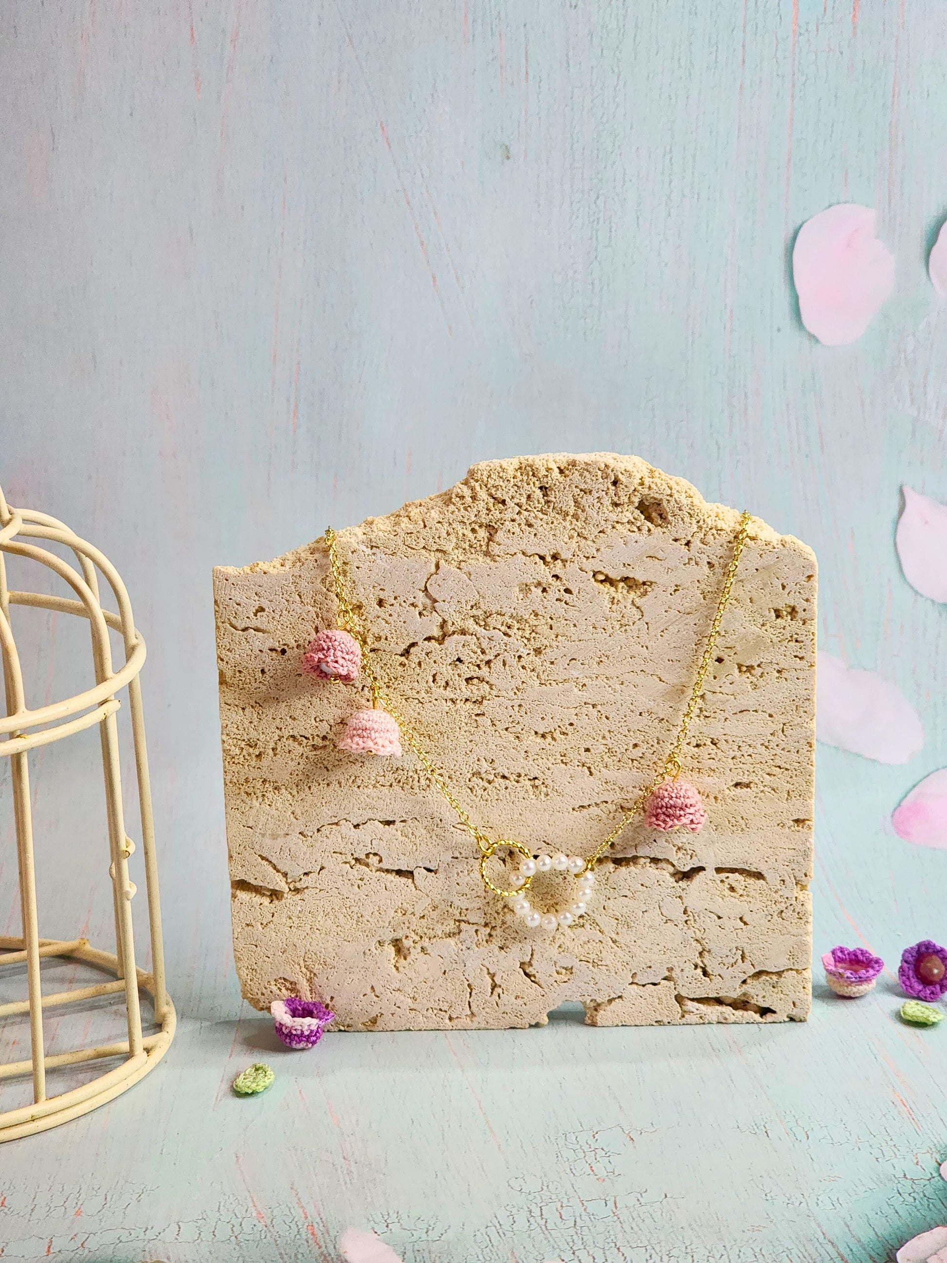 Freshwater Pearls with micro-crochet Pink Lilies of the Valley Necklace. Each bloom adorned with its own 4.5-5mm freshwater pearl.