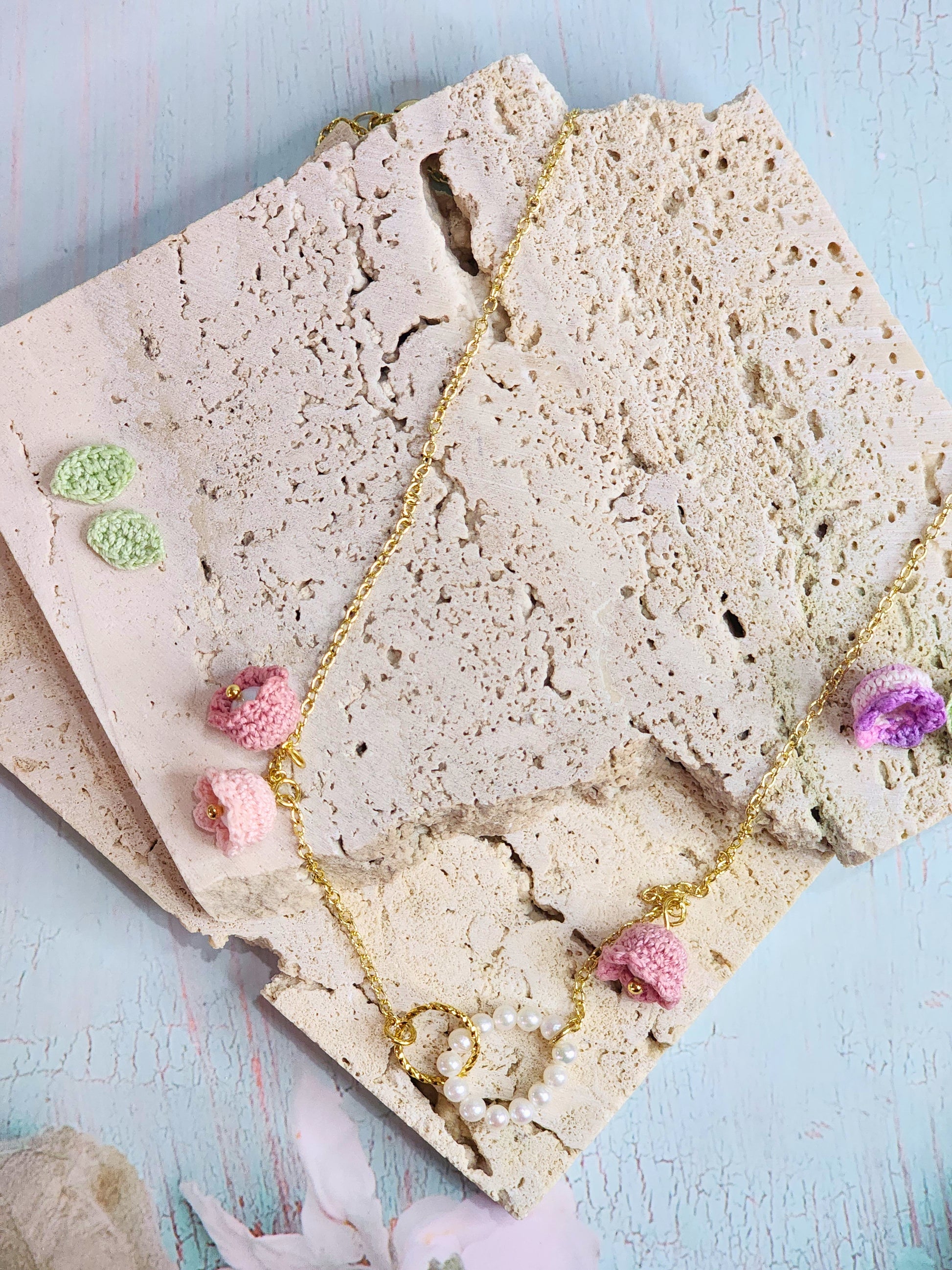 Freshwater Pearls with micro-crochet Pink Lilies of the Valley Necklace. Each bloom adorned with its own 4.5-5mm freshwater pearl.