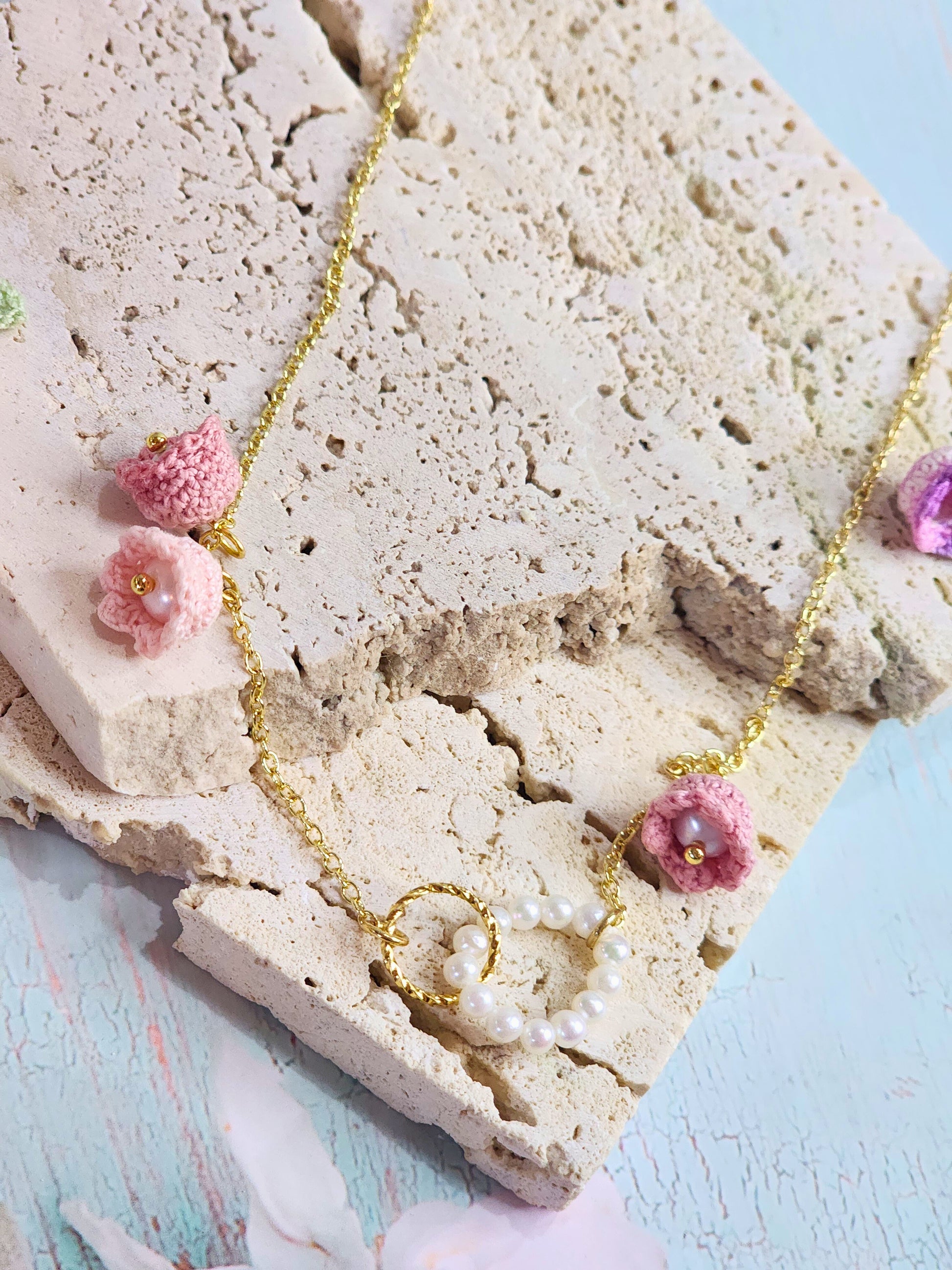 Freshwater Pearls with micro-crochet Pink Lilies of the Valley Necklace. Each bloom adorned with its own 4.5-5mm freshwater pearl.