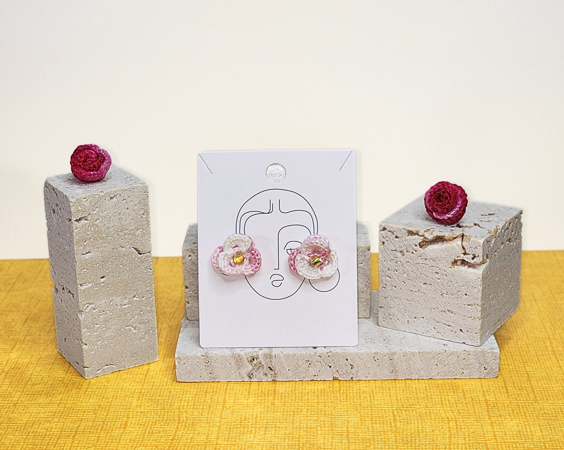 A pair of Pink Pansy with glass beads Micro-Crochet Earrings