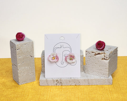 A pair of Pink Pansy with glass beads Micro-Crochet Earrings